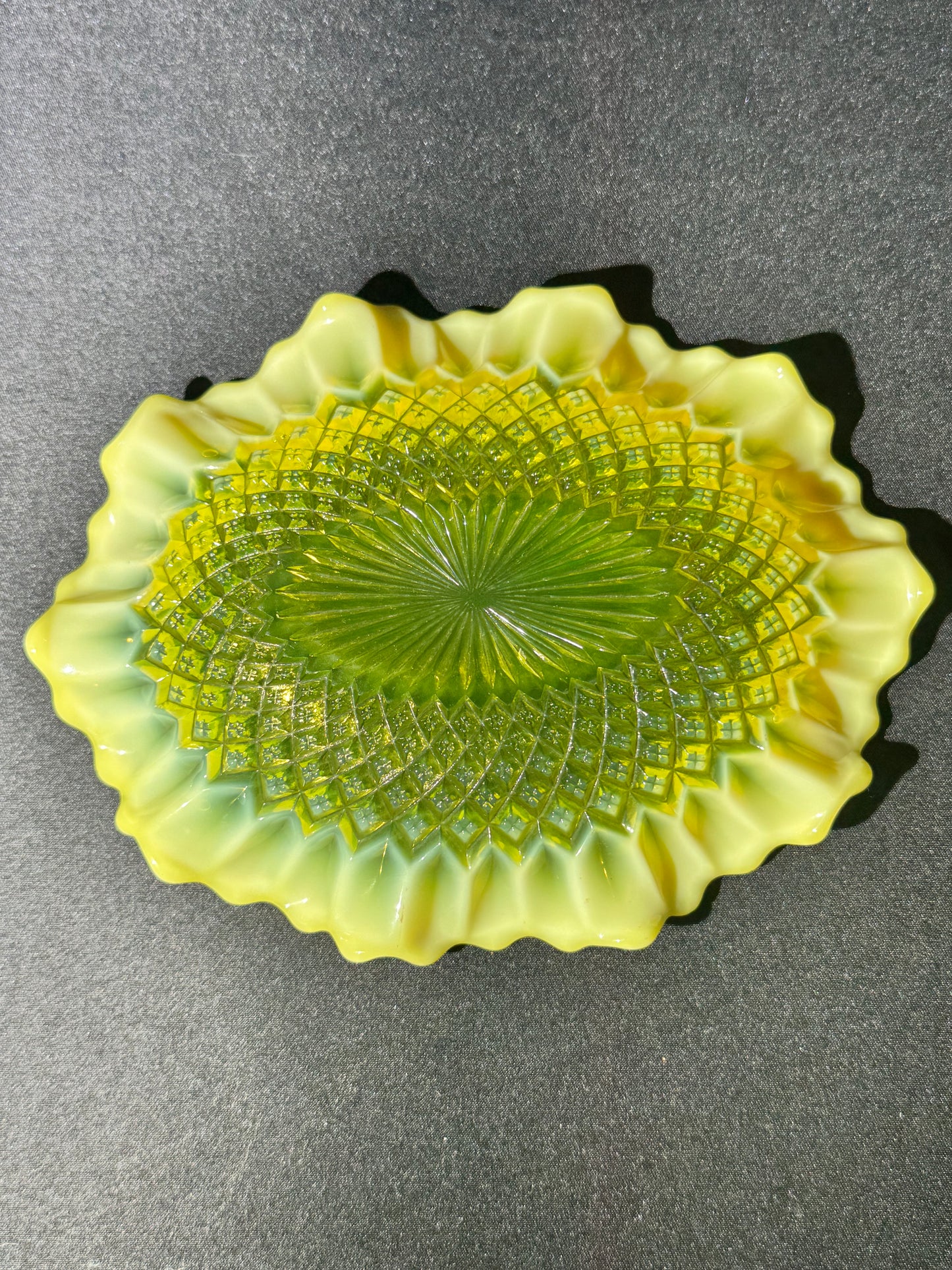 Uranium Davidson Primrose Pearline Somerset Ruffled Oval Bowl – Uranium Glass – c.1890s – 7” x 5 ½”