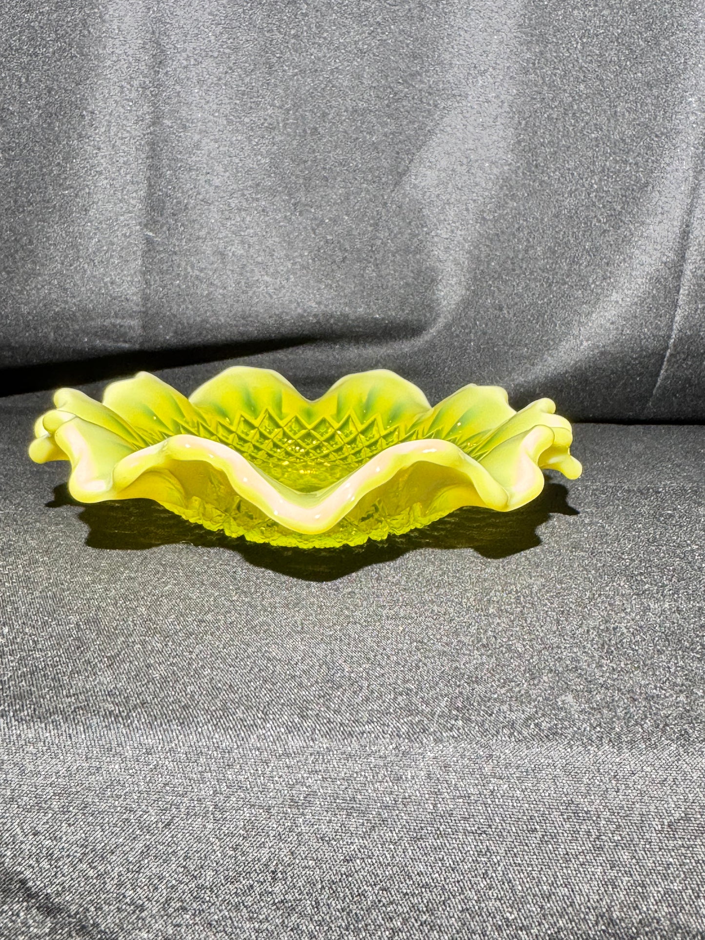 Uranium Davidson Primrose Pearline Somerset Ruffled Oval Bowl – Uranium Glass – c.1890s – 7” x 5 ½”