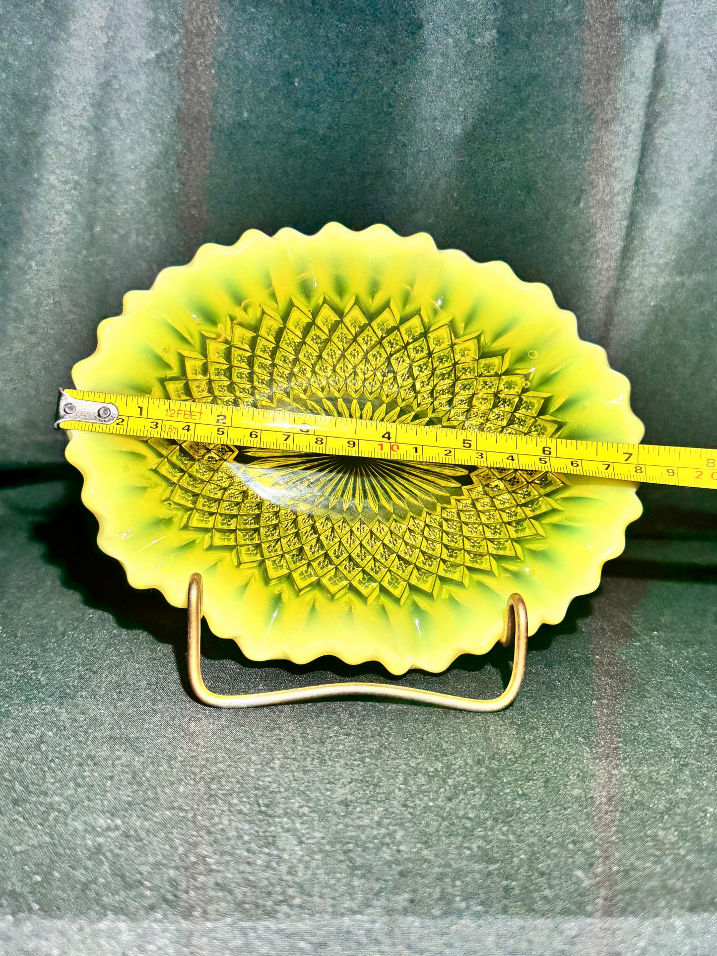 Uranium Davidson Primrose Pearline Somerset Ruffled Oval Bowl – Uranium Glass – c.1890s – 7” x 5 ½”