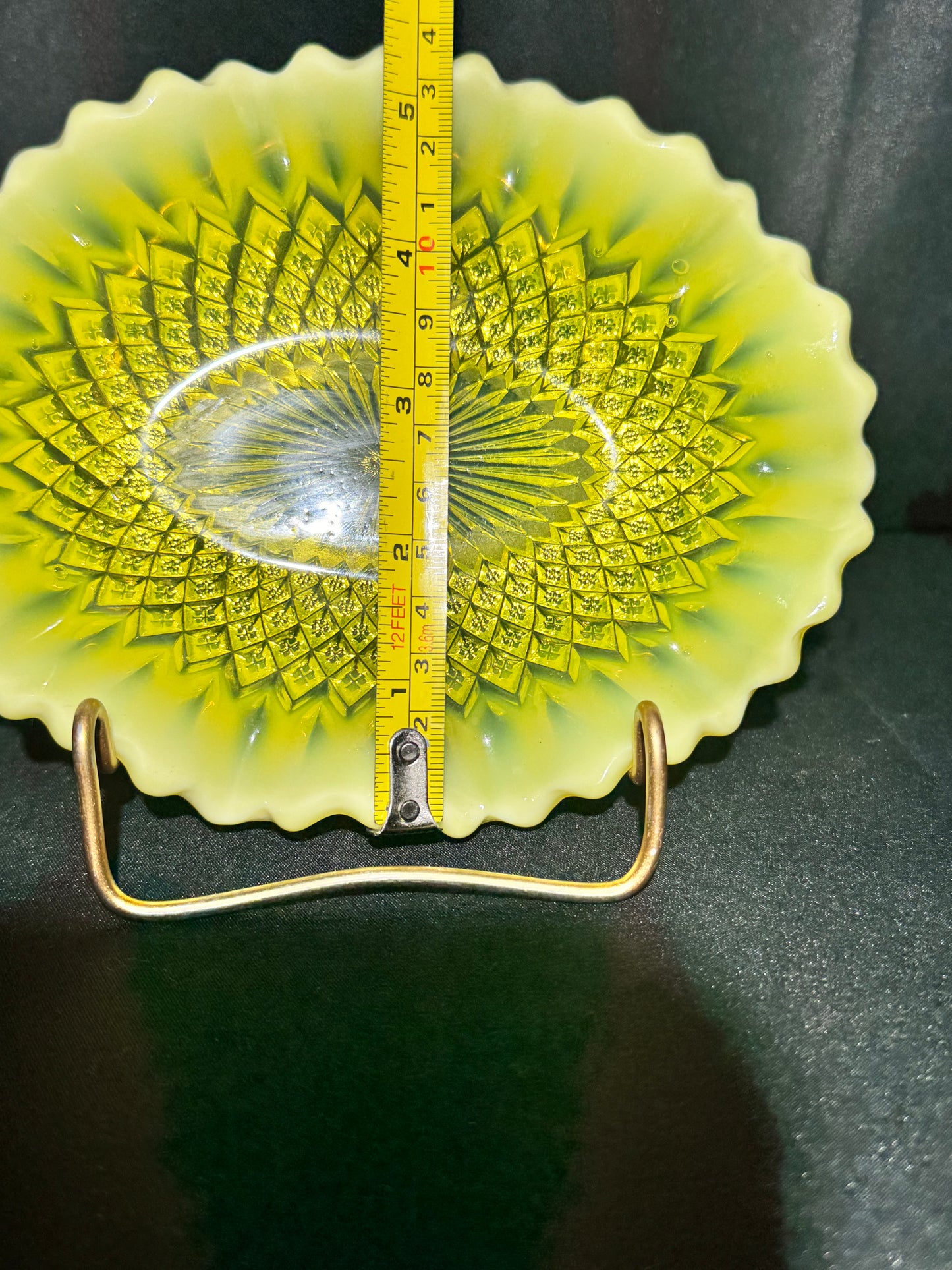 Uranium Davidson Primrose Pearline Somerset Ruffled Oval Bowl – Uranium Glass – c.1890s – 7” x 5 ½”