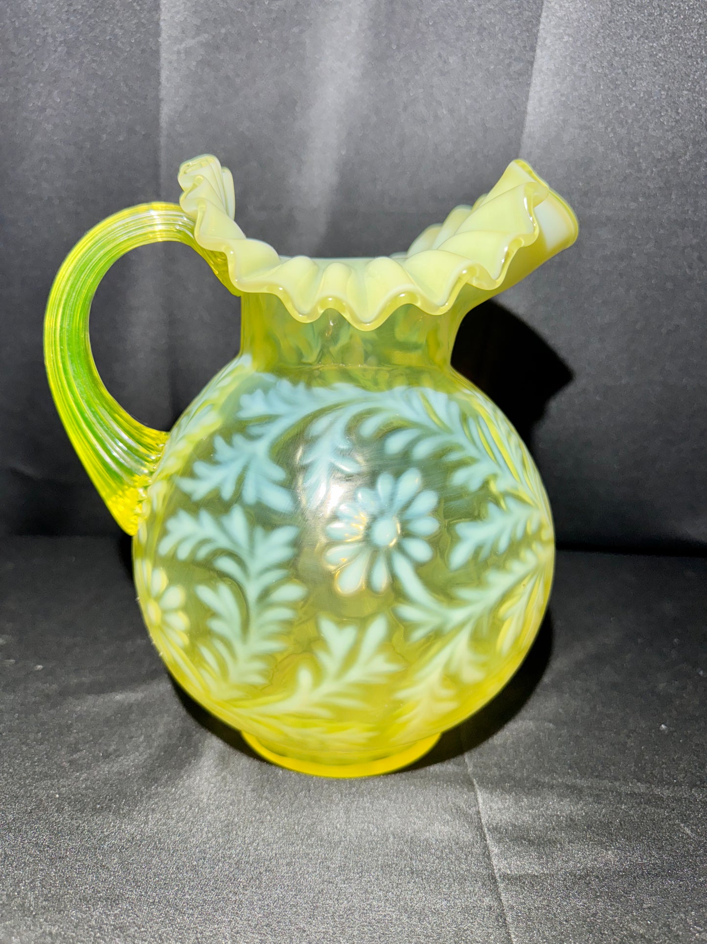 Uranium Vintage Glass - Fern & Daisy - Pitcher- Topaz Opalescent