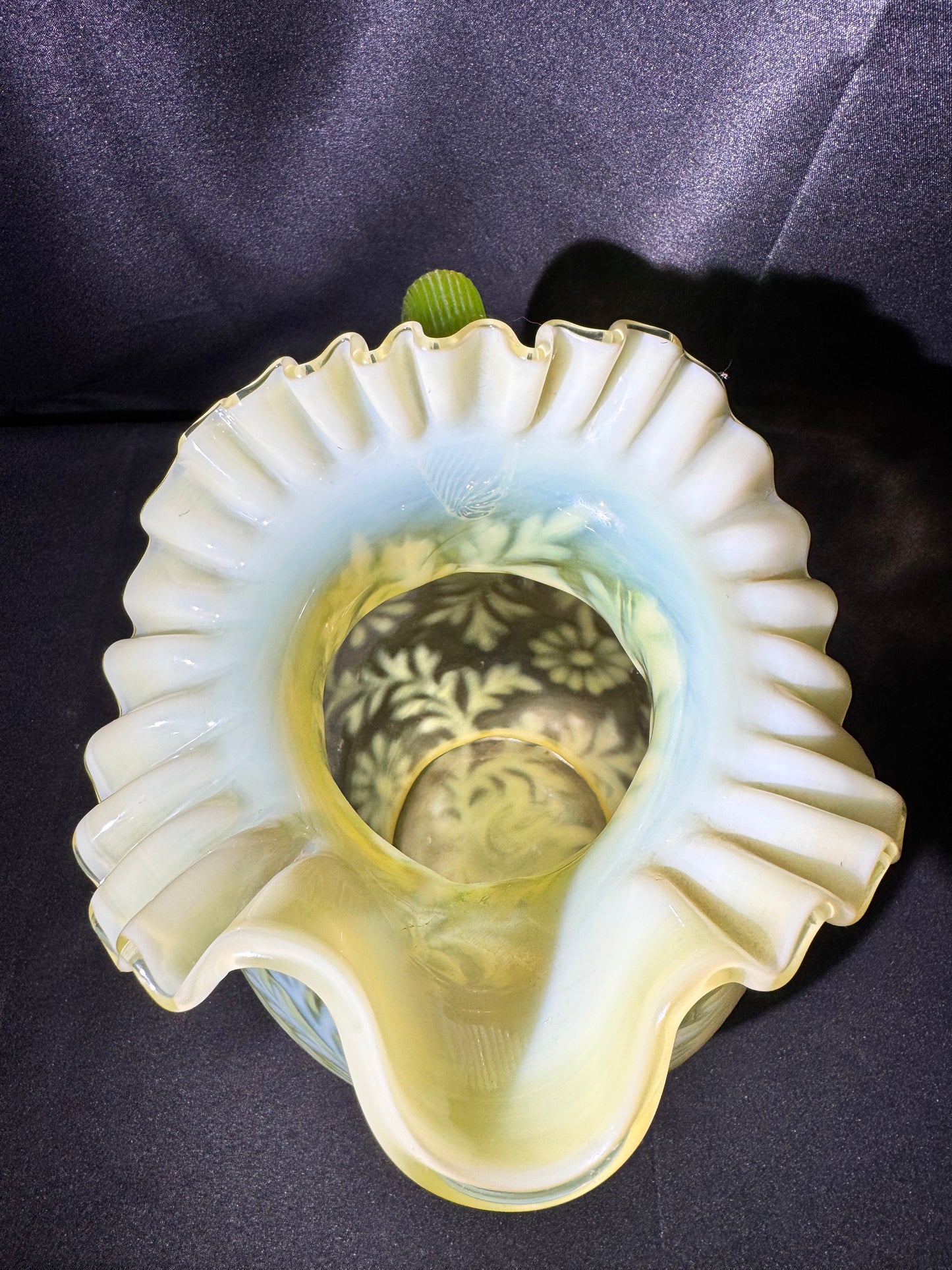 Uranium Vintage Glass - Fern & Daisy - Pitcher- Topaz Opalescent