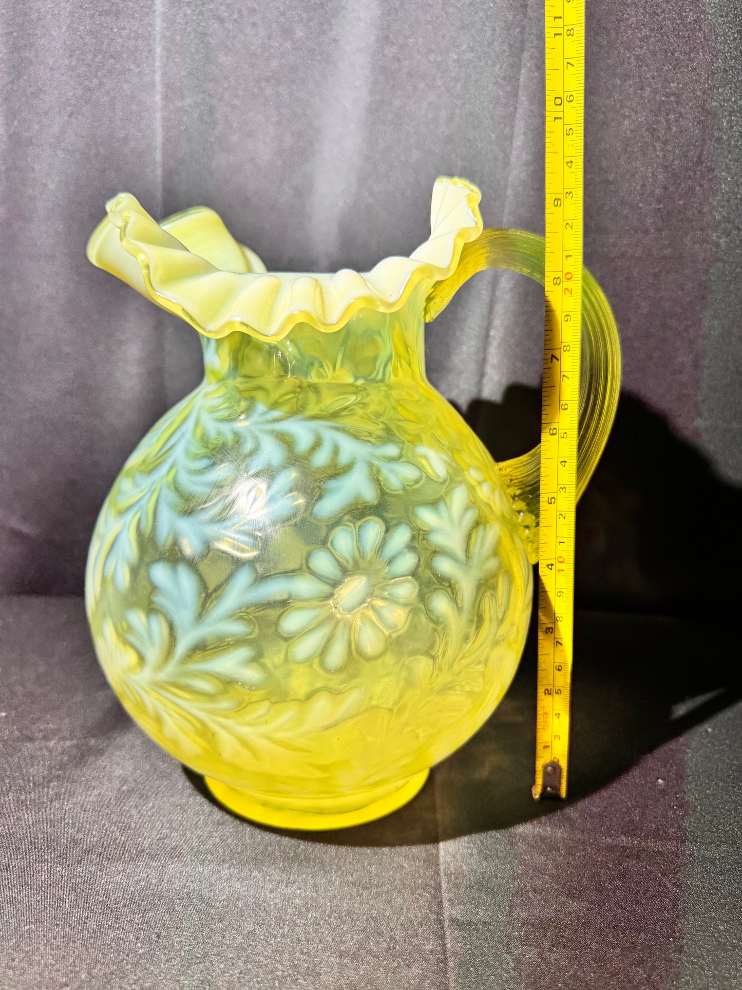 Uranium Vintage Glass - Fern & Daisy - Pitcher- Topaz Opalescent