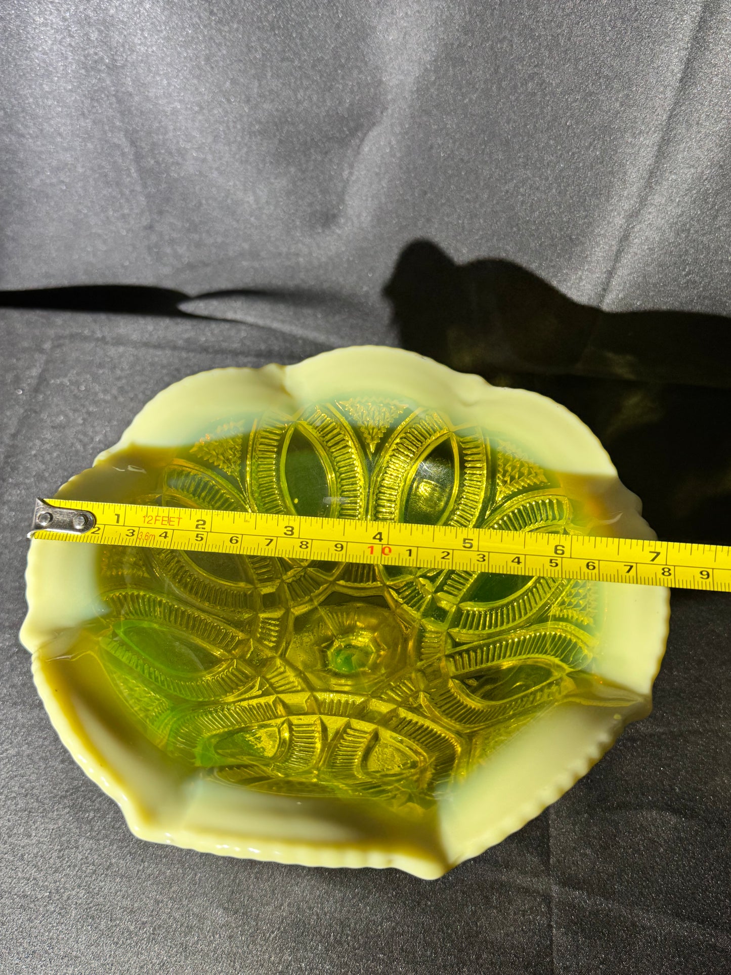 Uranium George Davidson “Linked Rings” Primrose Pearline Footed Compote – Vaseline/Canary Opalescent Glass – ca. 1900s