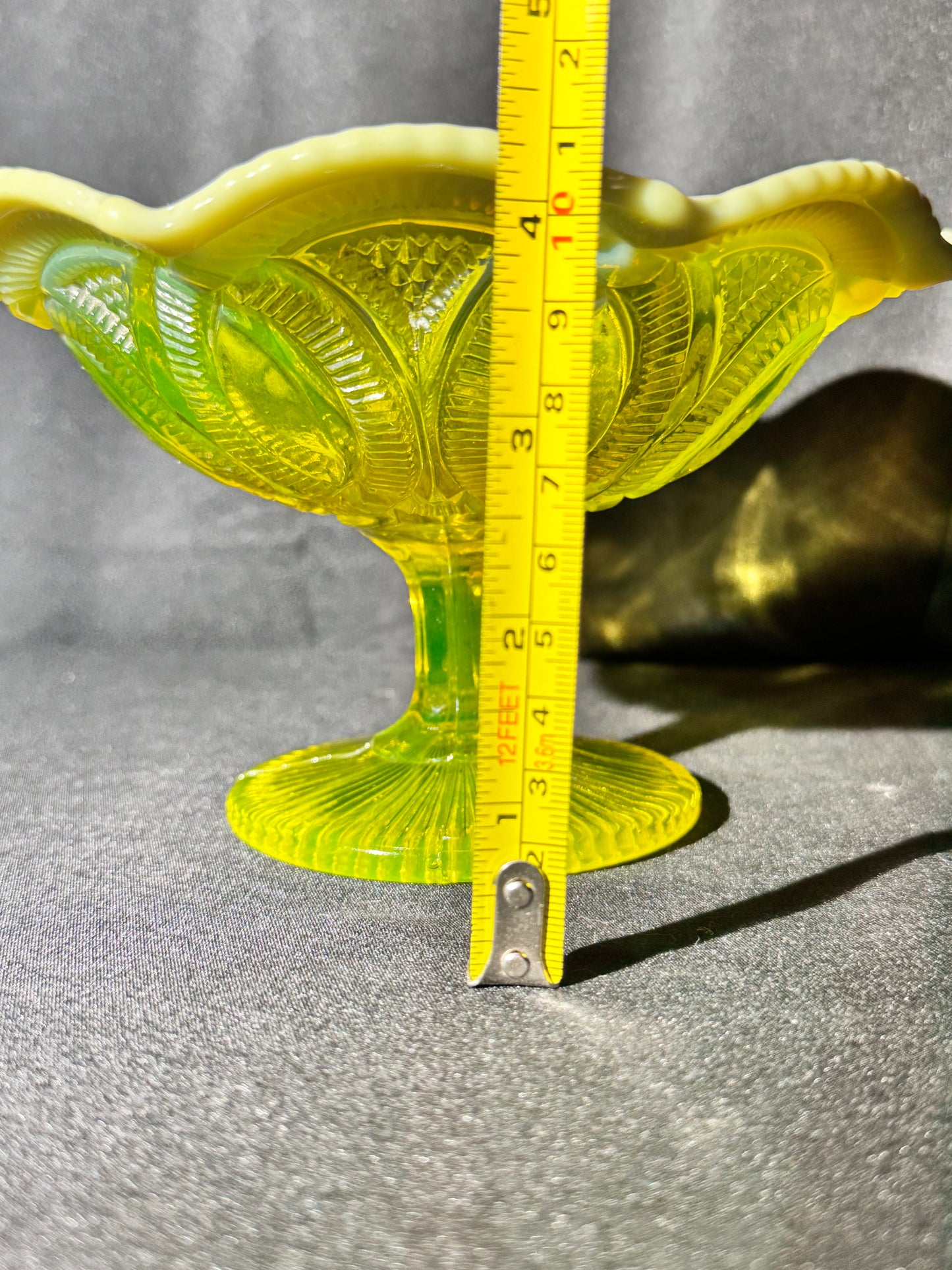 Uranium George Davidson “Linked Rings” Primrose Pearline Footed Compote – Vaseline/Canary Opalescent Glass – ca. 1900s