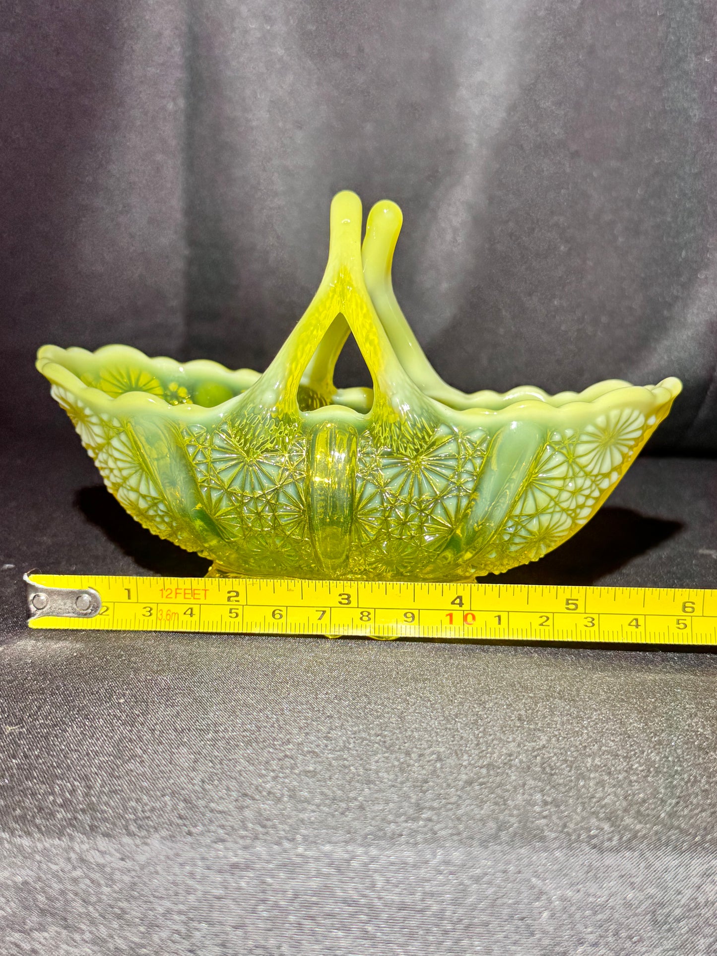 Davidson “Lady Chippendale” Primrose Pearline Uranium Glass Boat Basket #176566