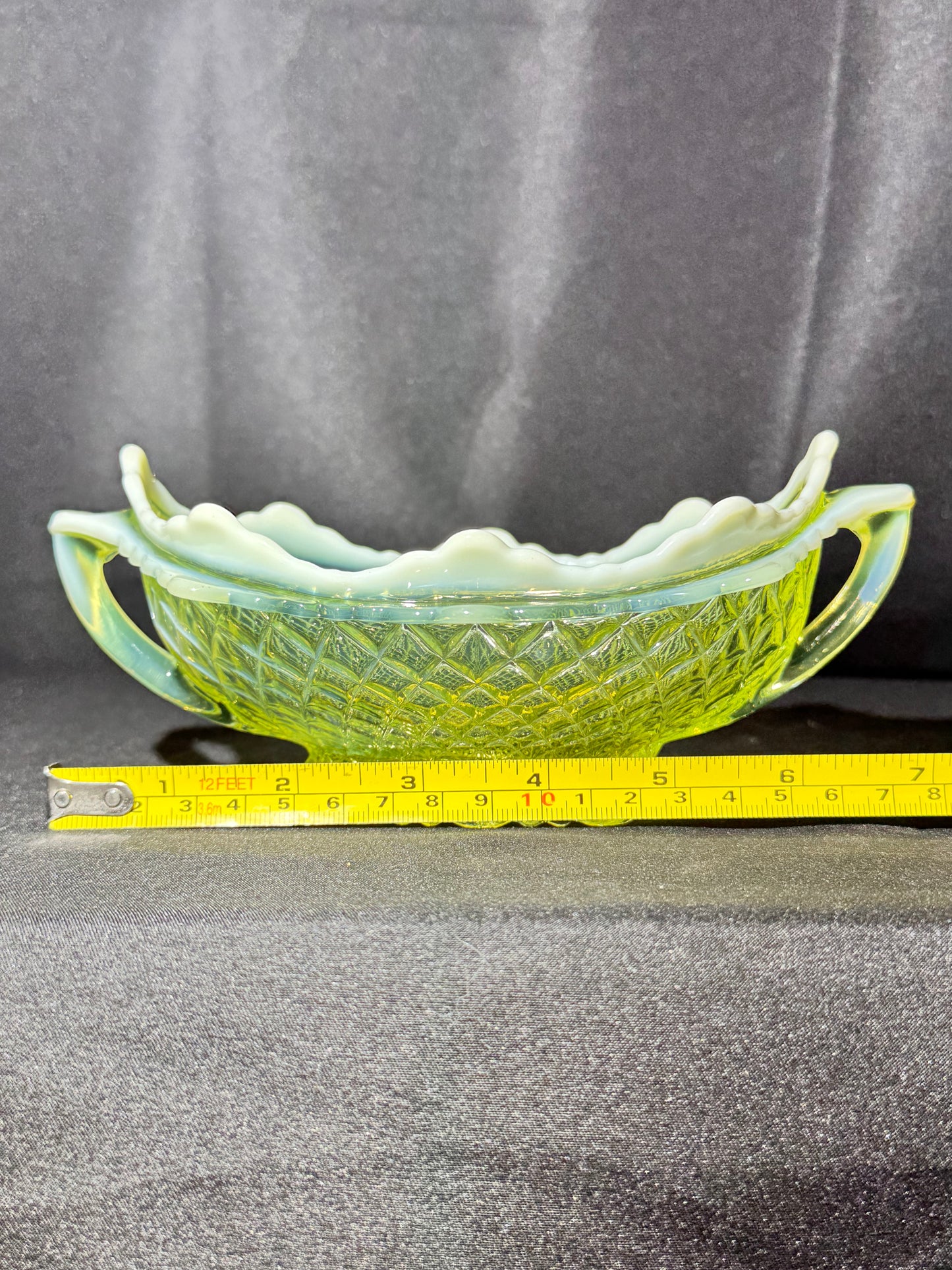 Davidson “Quilted Pillow Sham” Double Handled Boat-Shaped Bowl – Uranium Primrose Pearline – c. 1890s