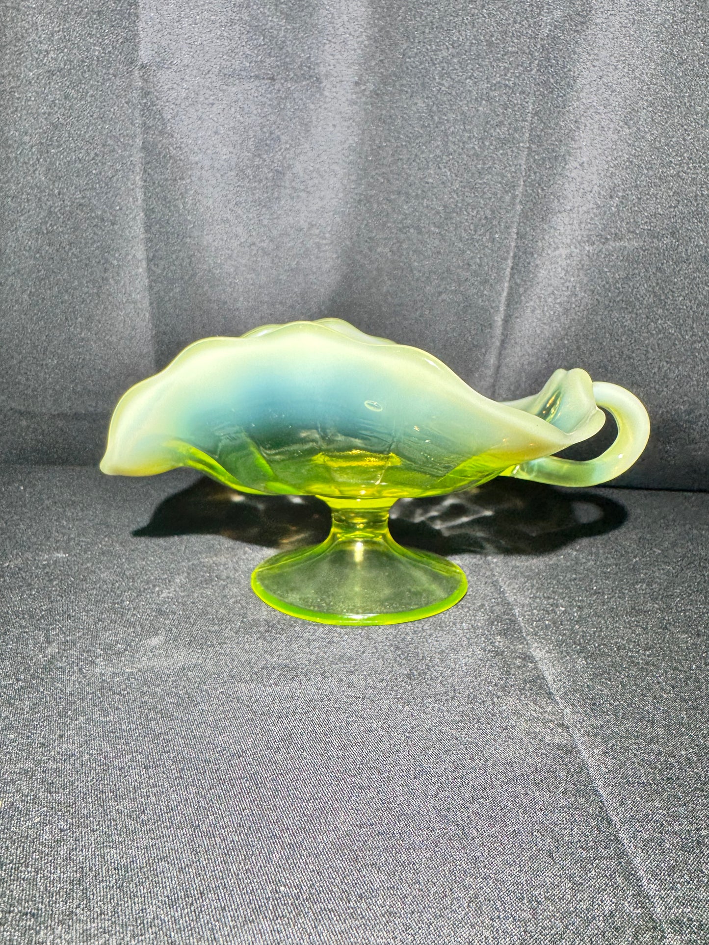 Uranium Glass “Plain Jane” Nappy Dish on Pedestal with Handle – Glows Bright Green Under UV Light
