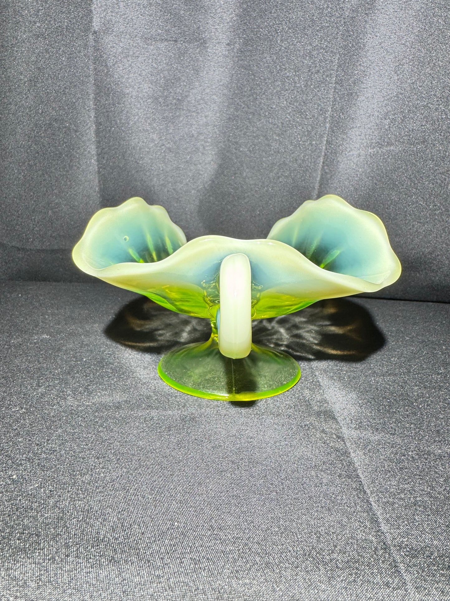 Uranium Glass “Plain Jane” Nappy Dish on Pedestal with Handle – Glows Bright Green Under UV Light