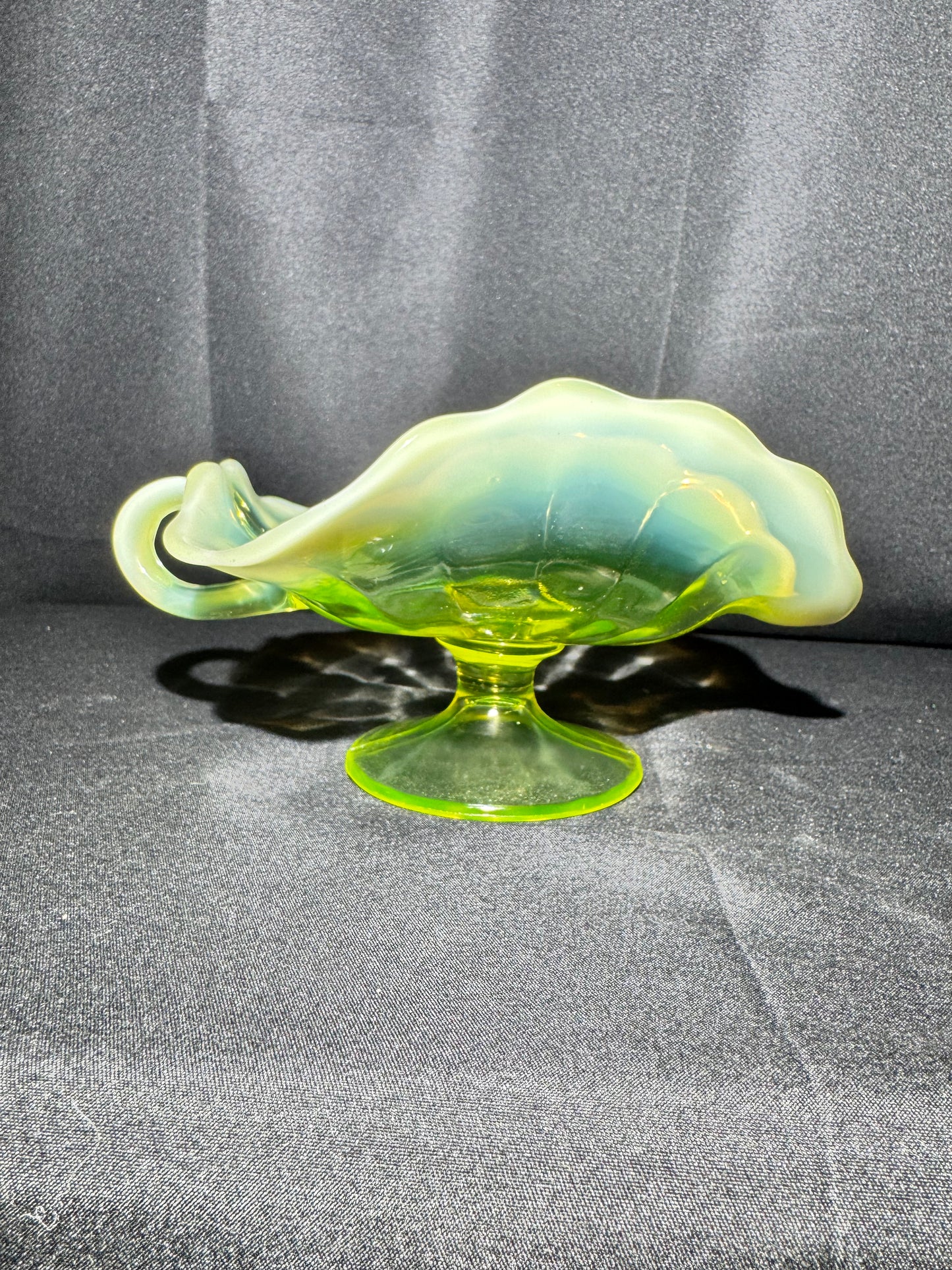 Uranium Glass “Plain Jane” Nappy Dish on Pedestal with Handle – Glows Bright Green Under UV Light