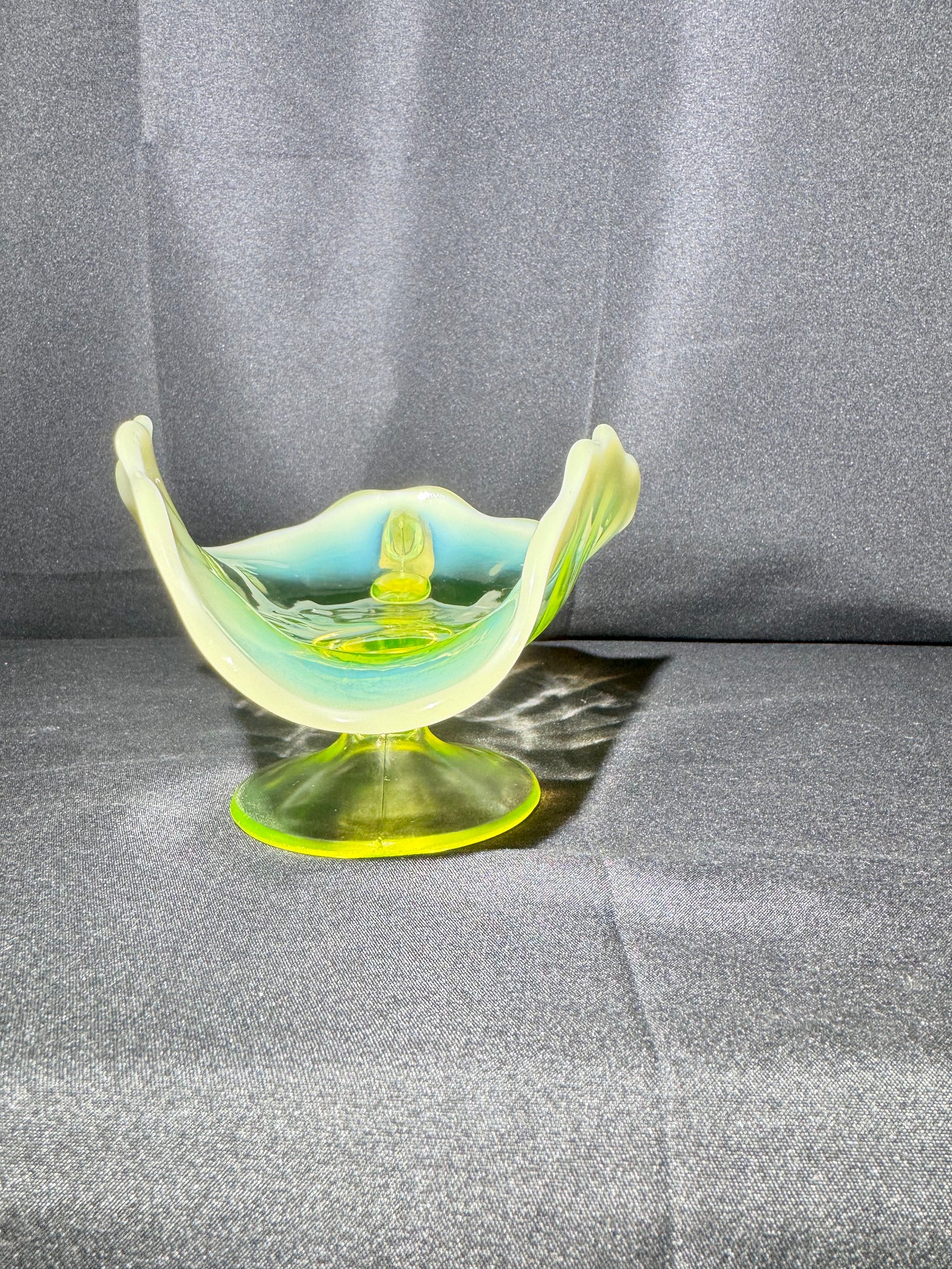 Uranium Glass “Plain Jane” Nappy Dish on Pedestal with Handle – Glows Bright Green Under UV Light