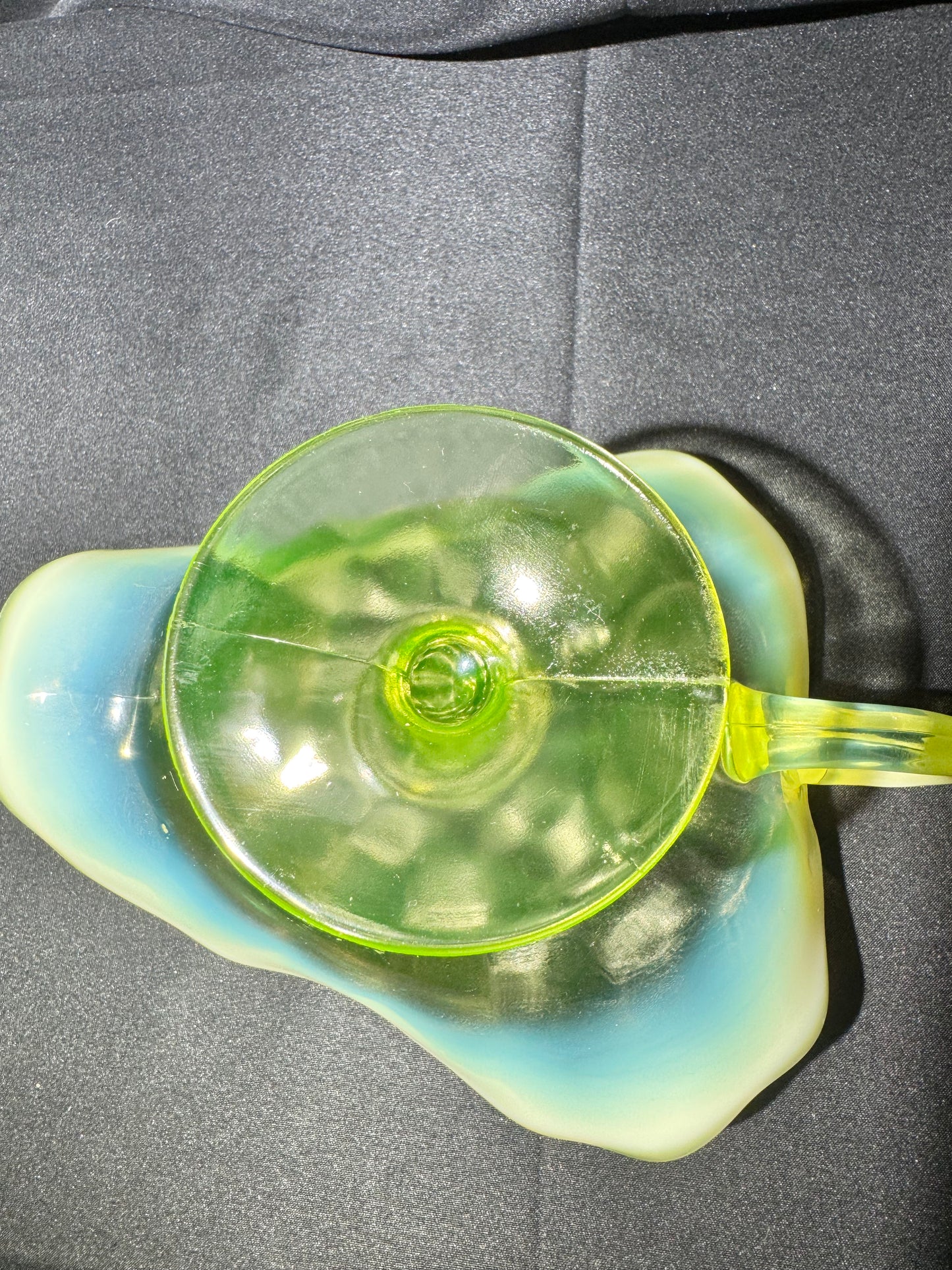 Uranium Glass “Plain Jane” Nappy Dish on Pedestal with Handle – Glows Bright Green Under UV Light