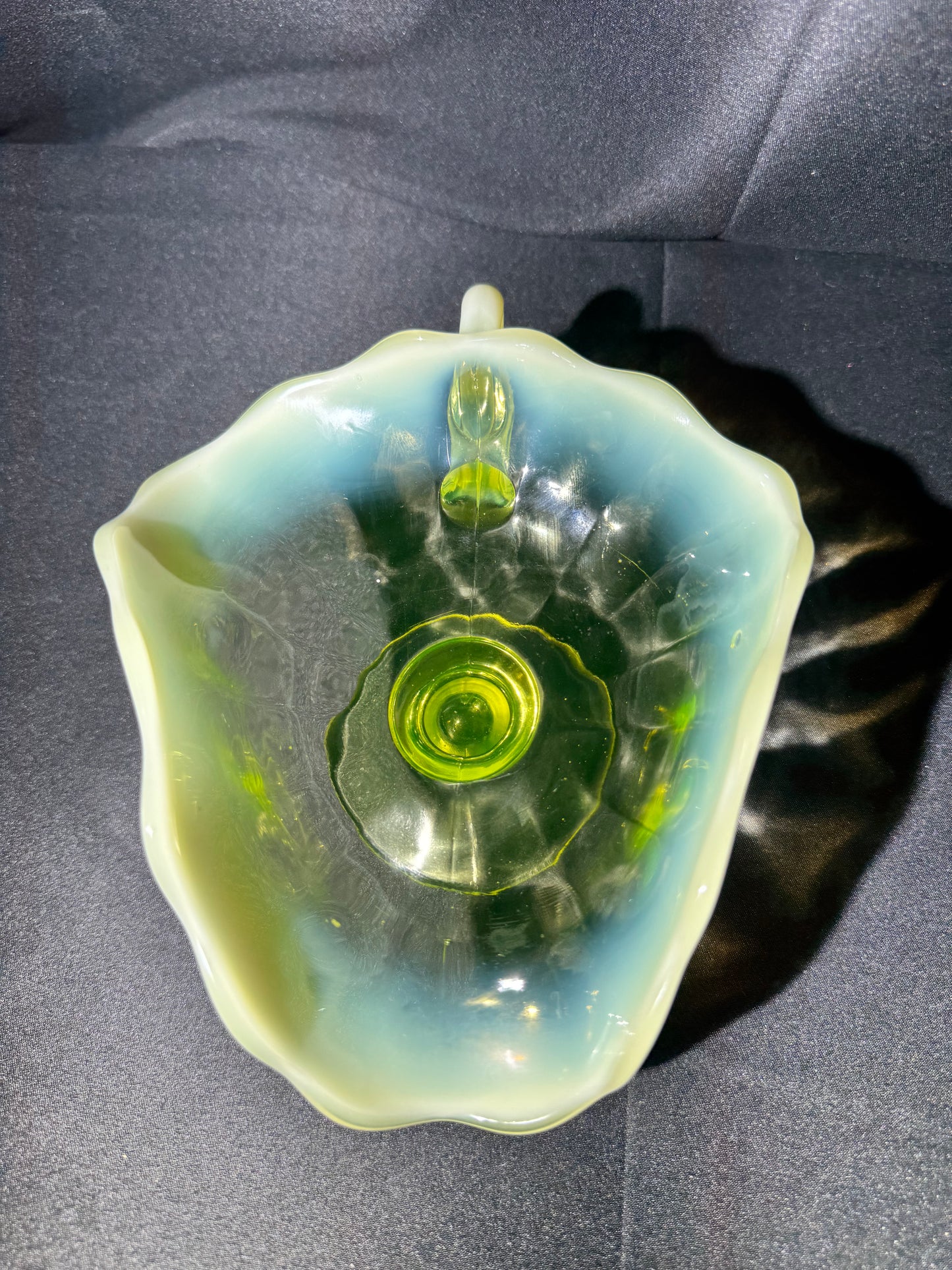 Uranium Glass “Plain Jane” Nappy Dish on Pedestal with Handle – Glows Bright Green Under UV Light