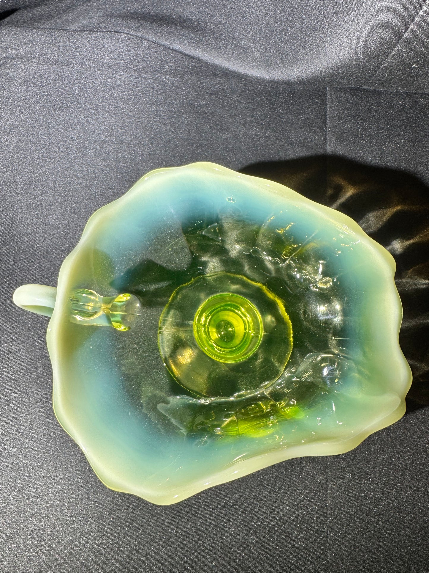 Uranium Glass “Plain Jane” Nappy Dish on Pedestal with Handle – Glows Bright Green Under UV Light