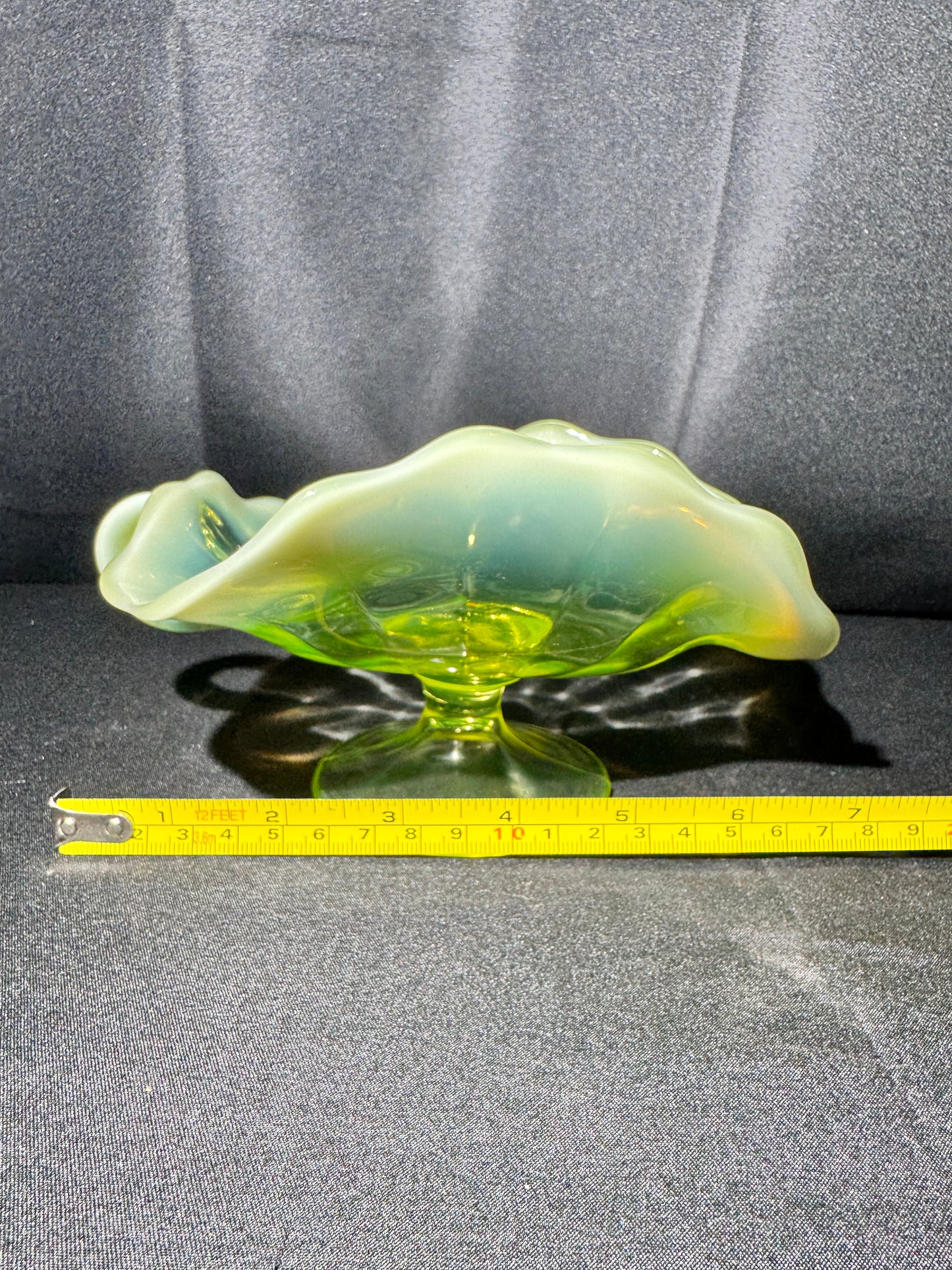 Uranium Glass “Plain Jane” Nappy Dish on Pedestal with Handle – Glows Bright Green Under UV Light