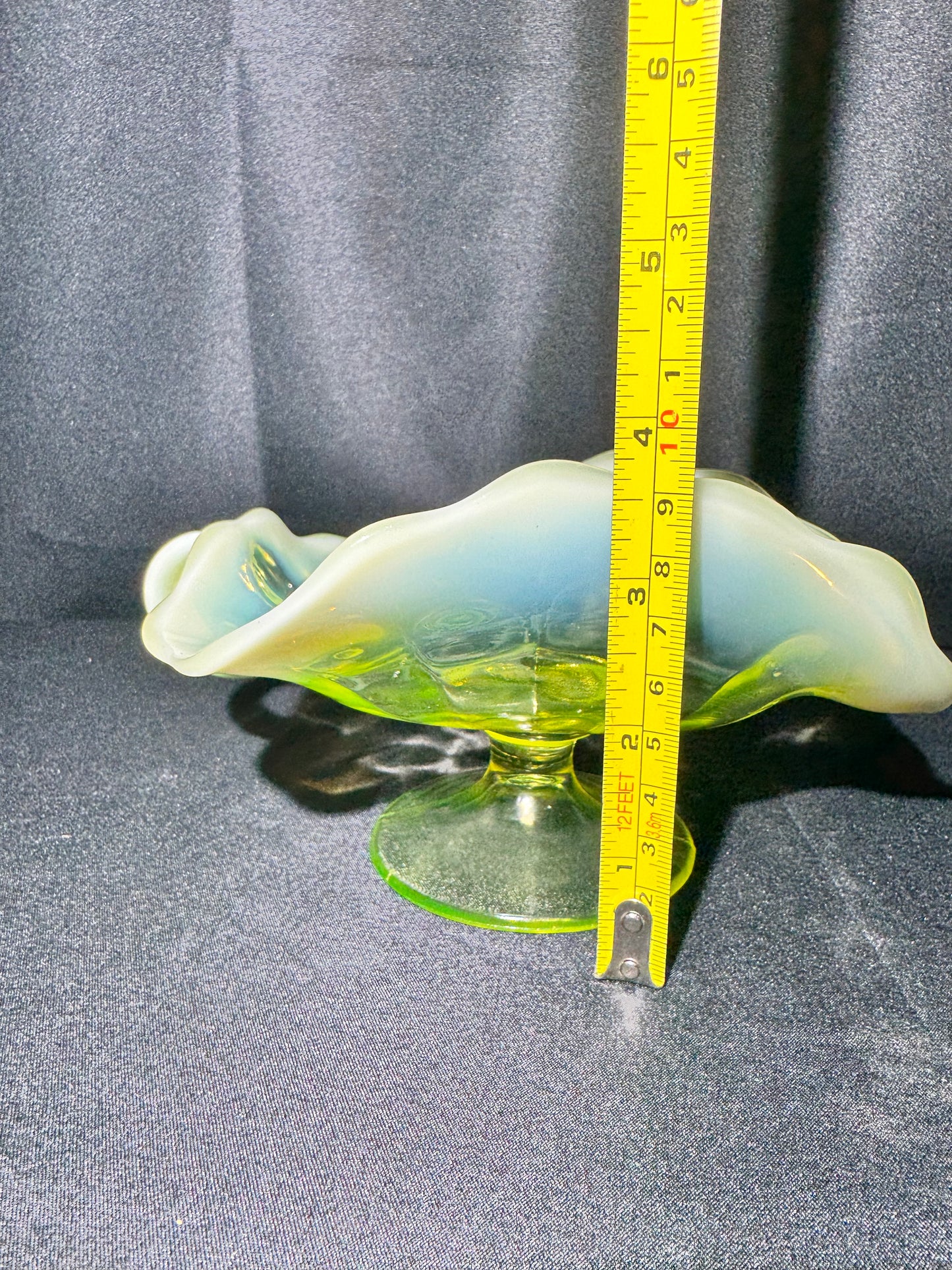 Uranium Glass “Plain Jane” Nappy Dish on Pedestal with Handle – Glows Bright Green Under UV Light