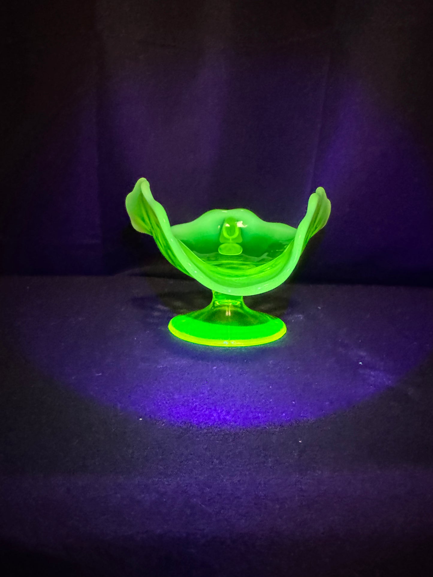 Uranium Glass “Plain Jane” Nappy Dish on Pedestal with Handle – Glows Bright Green Under UV Light