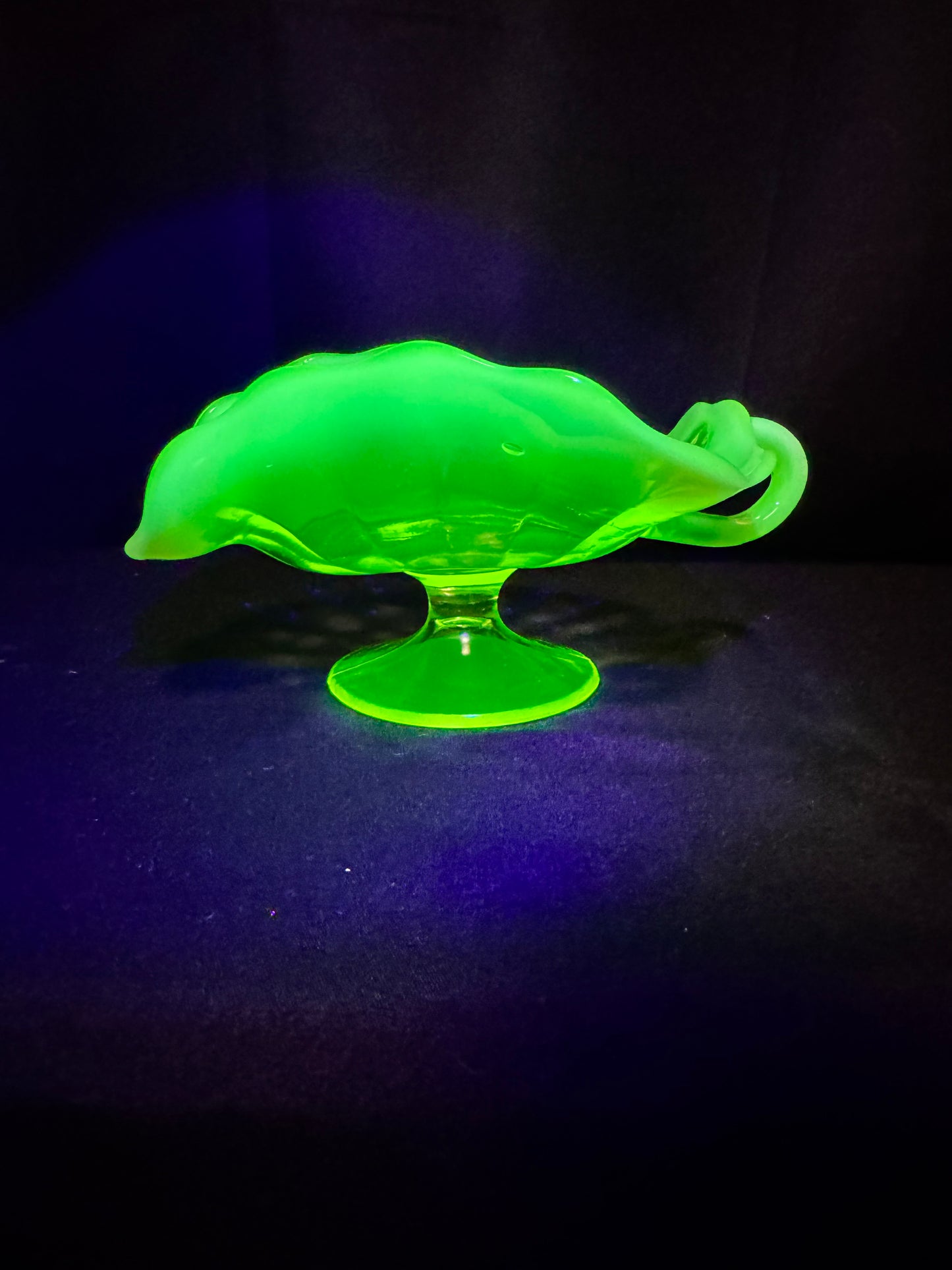 Uranium Glass “Plain Jane” Nappy Dish on Pedestal with Handle – Glows Bright Green Under UV Light