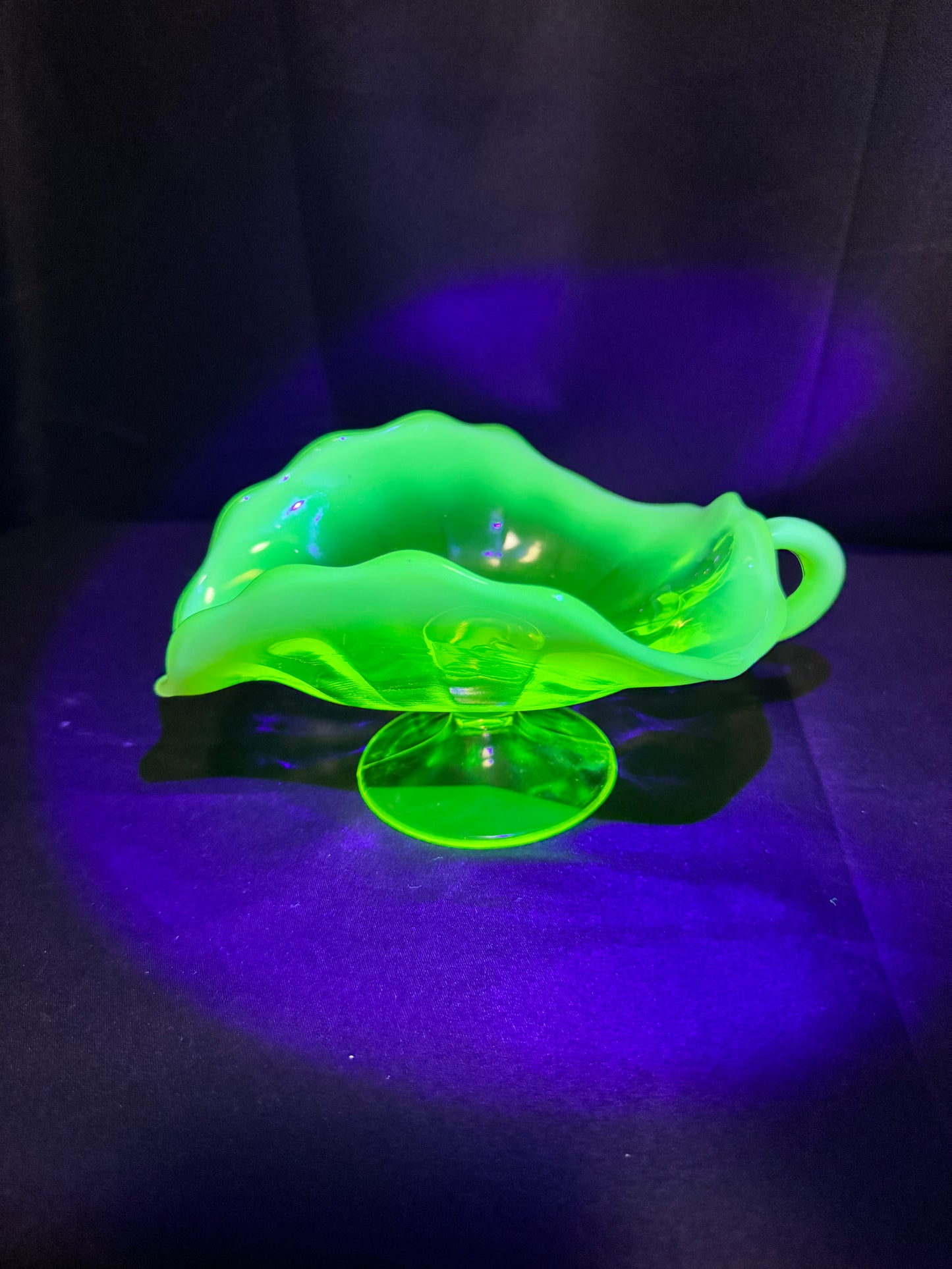 Uranium Glass “Plain Jane” Nappy Dish on Pedestal with Handle – Glows Bright Green Under UV Light