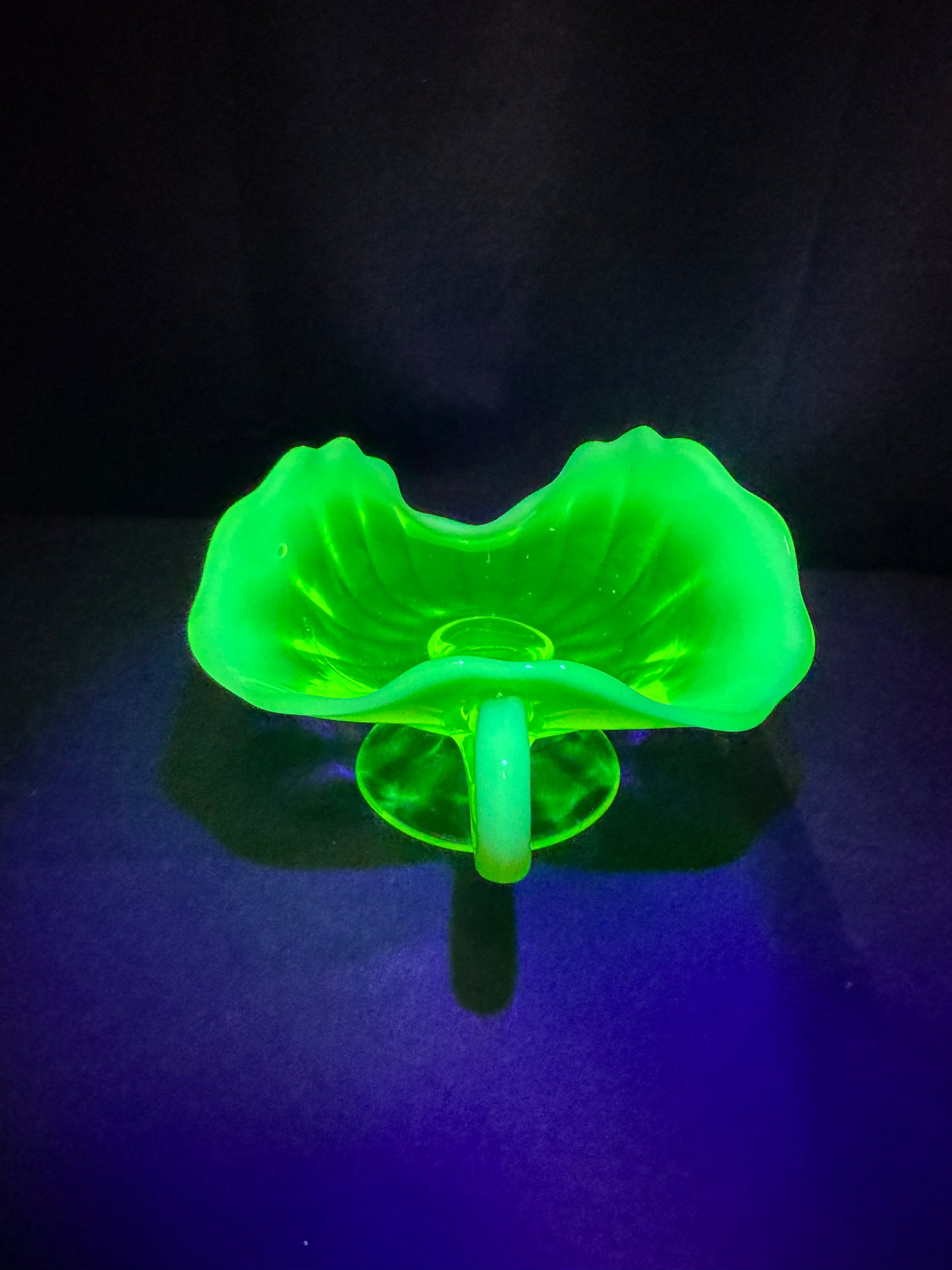 Uranium Glass “Plain Jane” Nappy Dish on Pedestal with Handle – Glows Bright Green Under UV Light