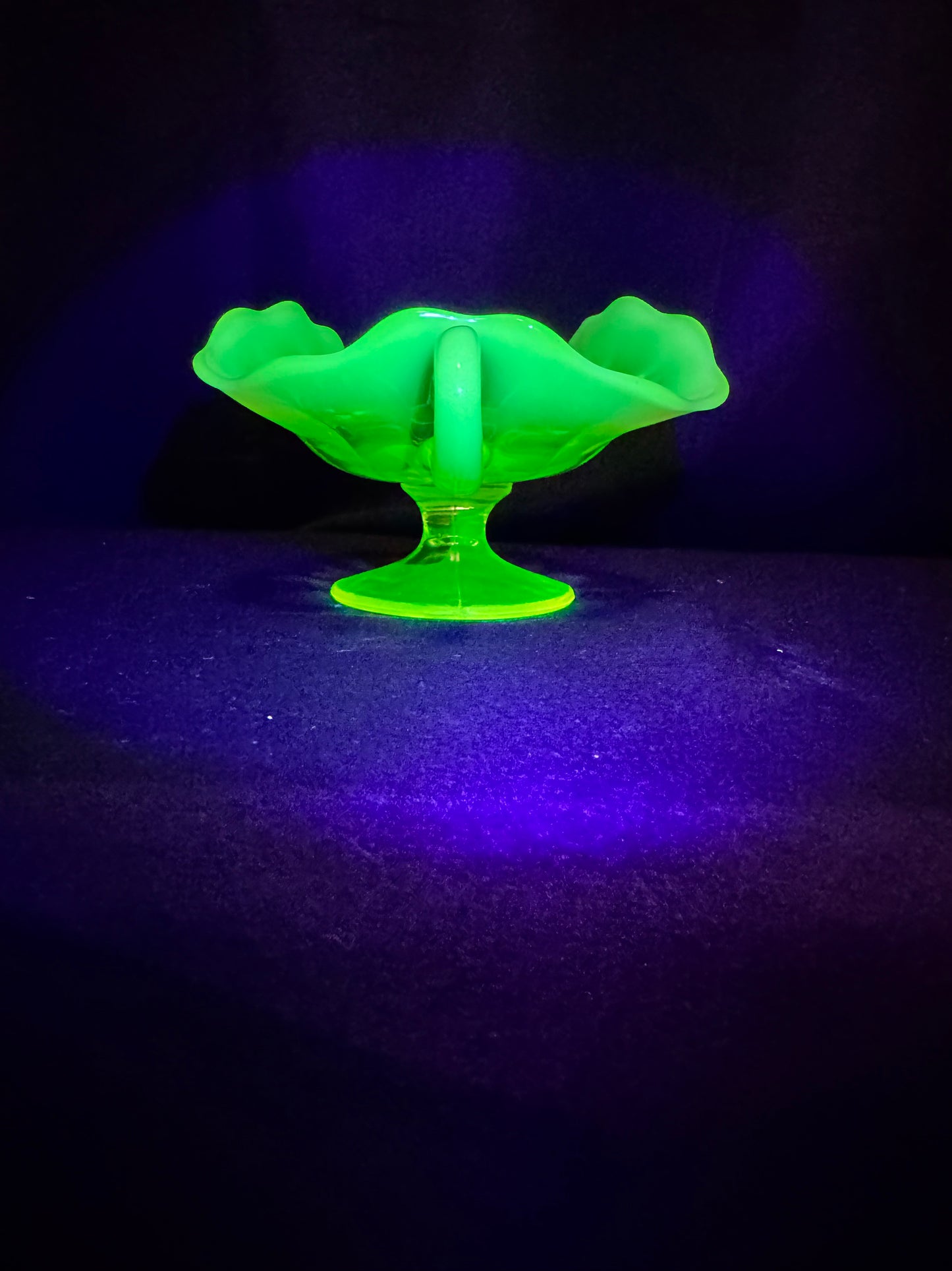 Uranium Glass “Plain Jane” Nappy Dish on Pedestal with Handle – Glows Bright Green Under UV Light