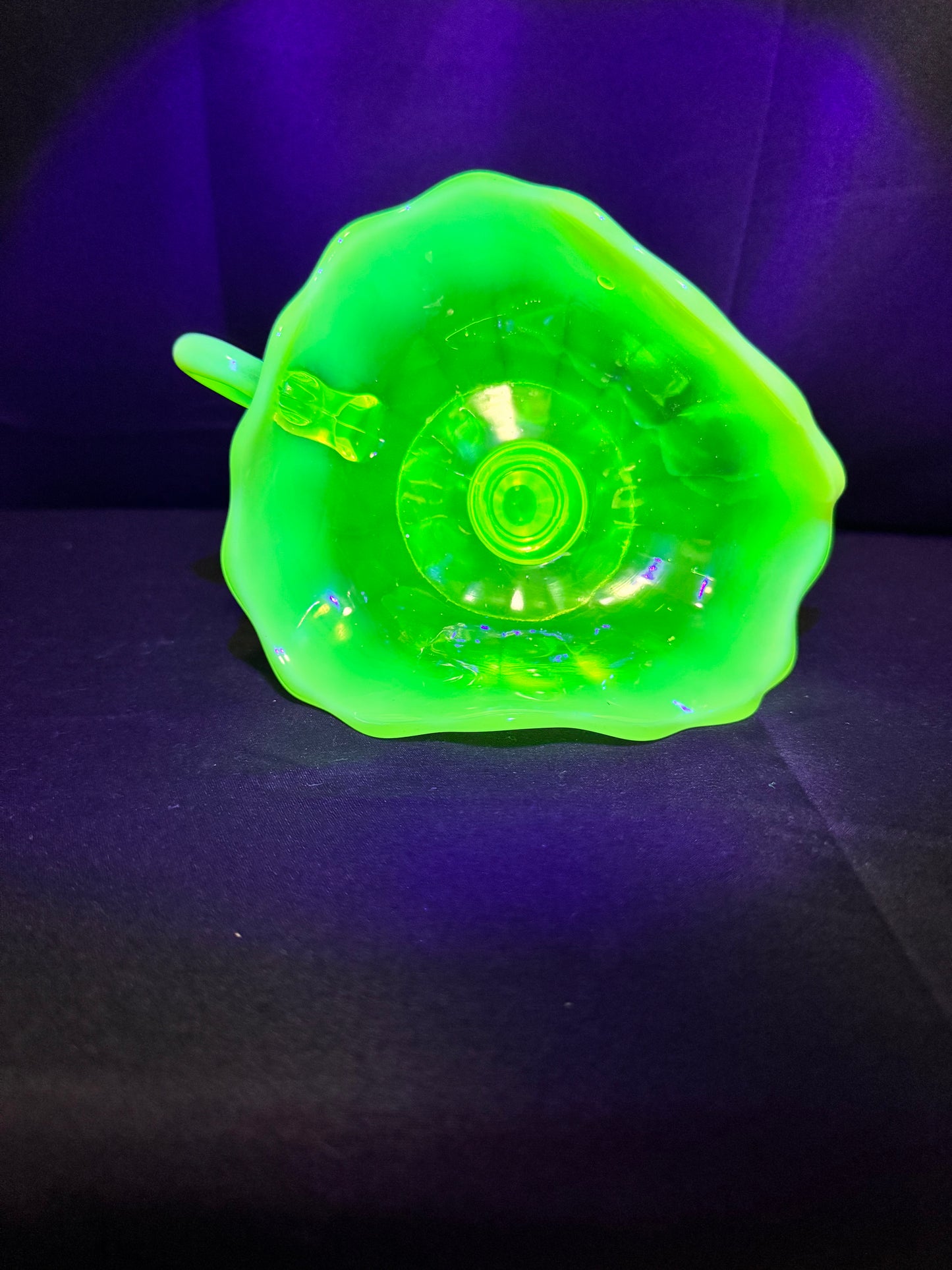 Uranium Glass “Plain Jane” Nappy Dish on Pedestal with Handle – Glows Bright Green Under UV Light