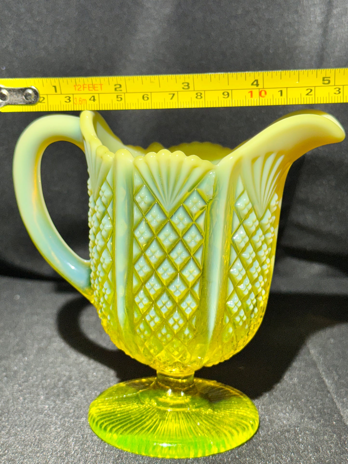 Davidson “Queen’s Crown” Primrose Pearline Uranium Glass Pedestal Creamer RD 320124