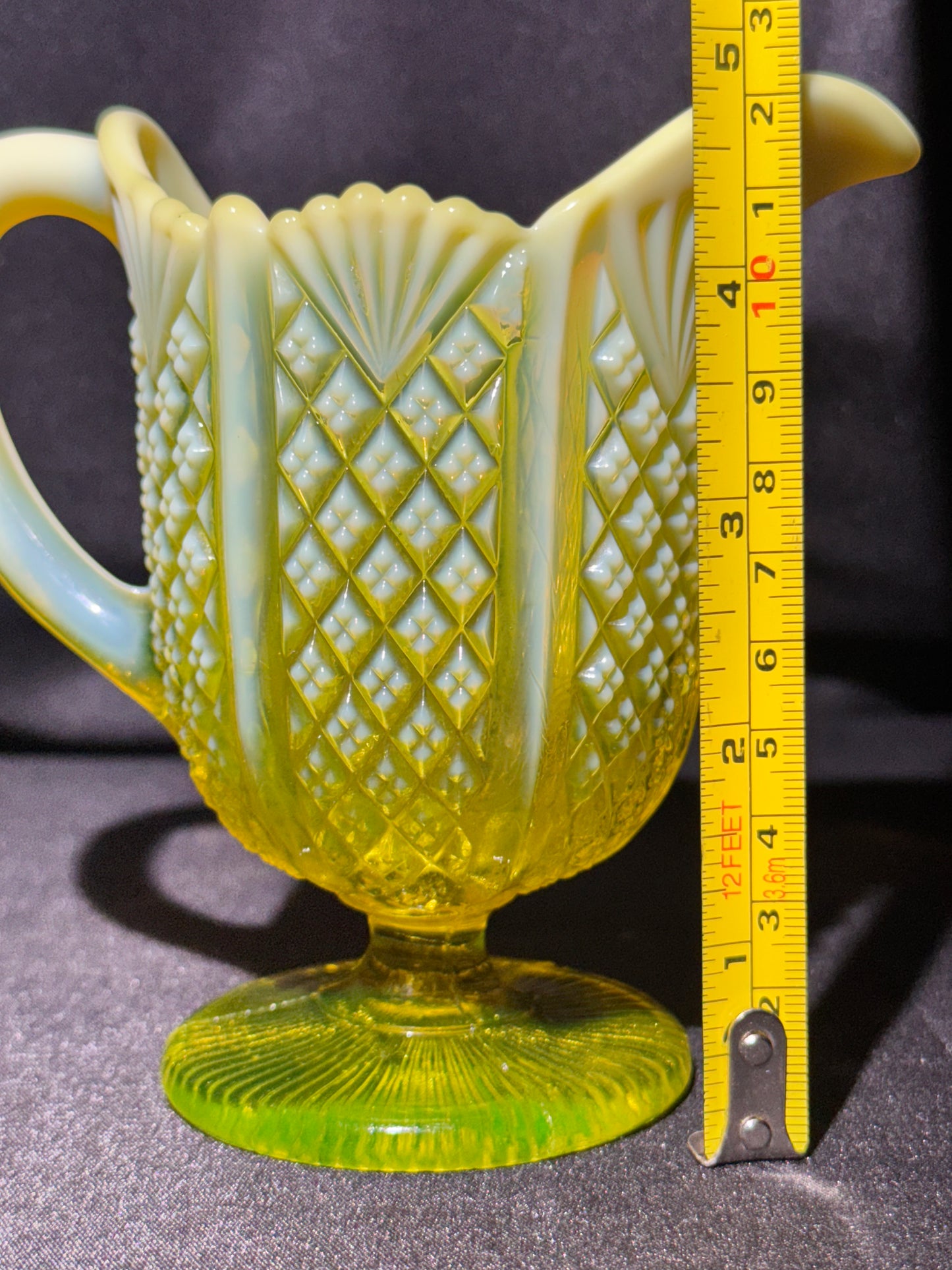 Davidson “Queen’s Crown” Primrose Pearline Uranium Glass Pedestal Creamer RD 320124