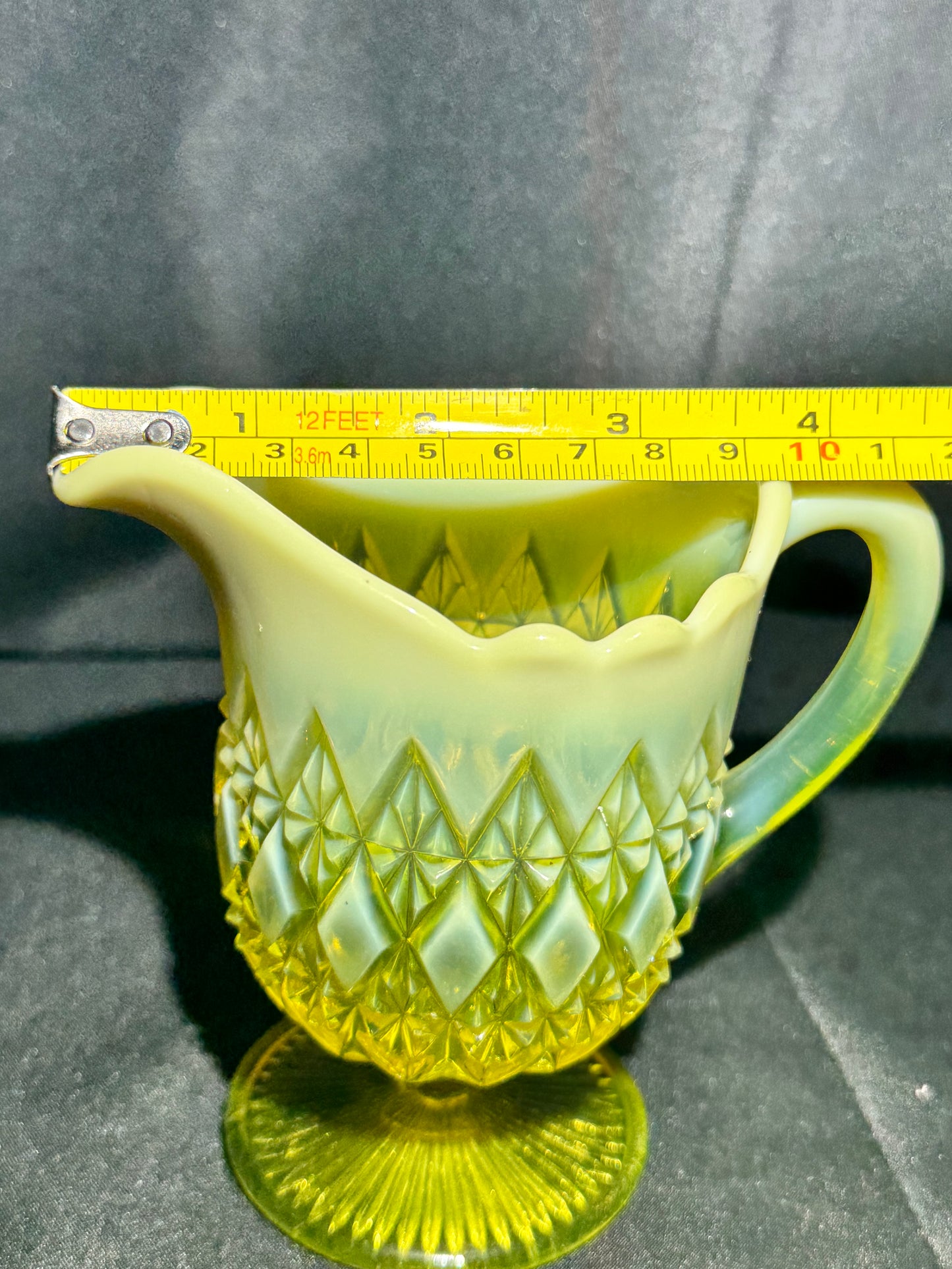 Uranium Glass - Davidson “Prince William” Primrose Pearline Pedestal Creamer RD217752 – 5”