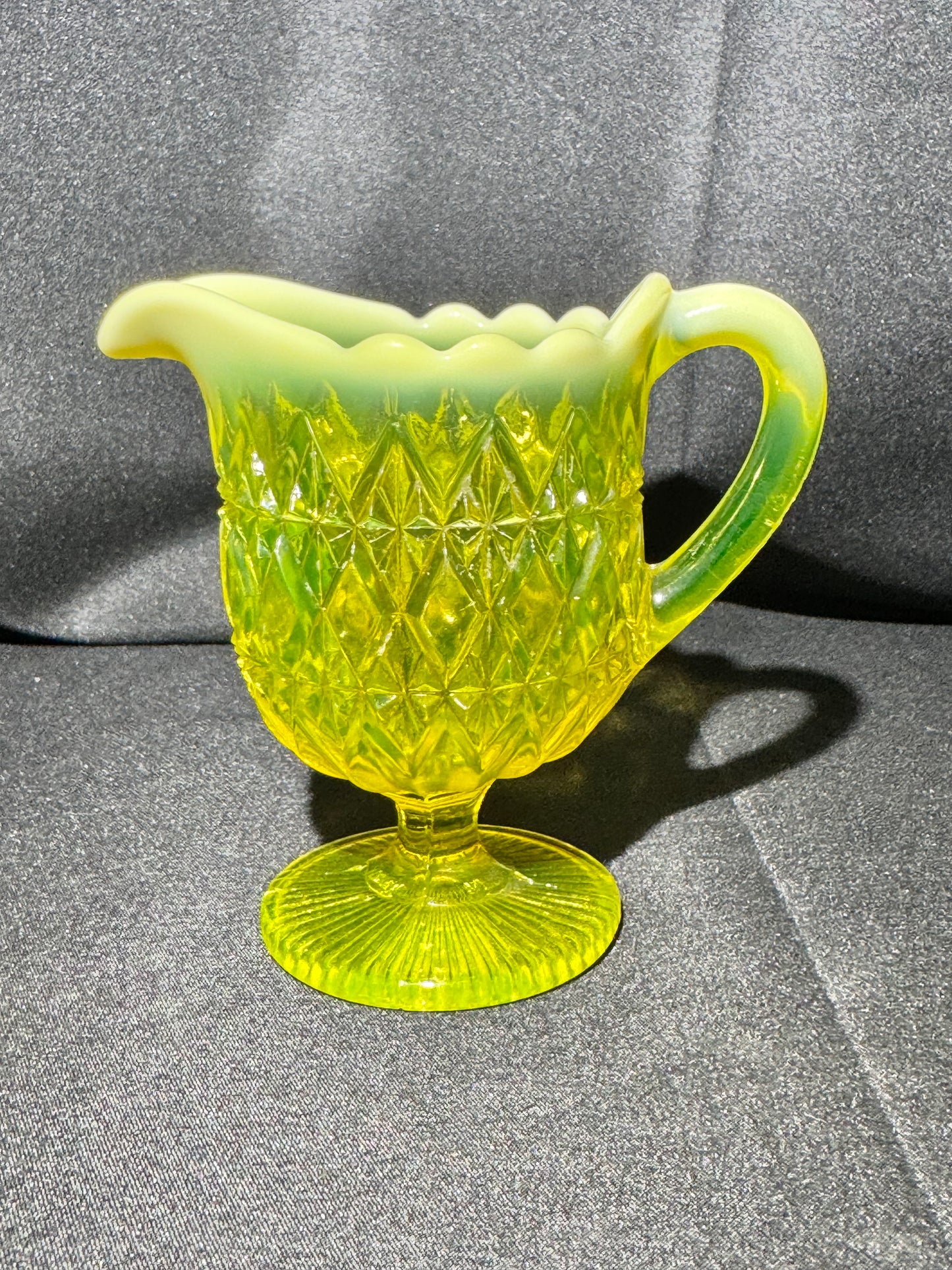 Uranium Glass - Davidson “Prince William” Primrose Pearline Pedestal Creamer RD217752 – 4”