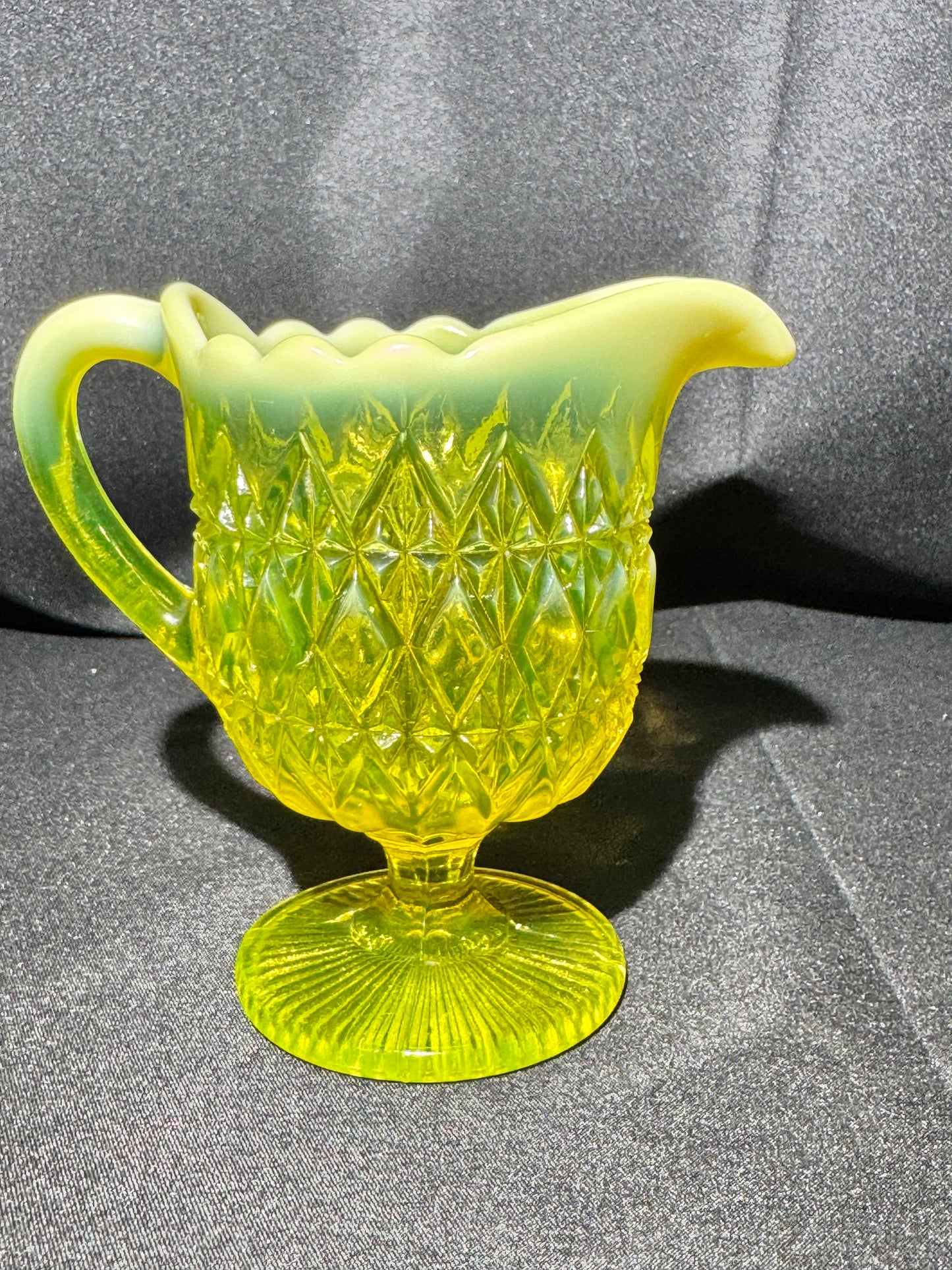 Uranium Glass - Davidson “Prince William” Primrose Pearline Pedestal Creamer RD217752 – 4”