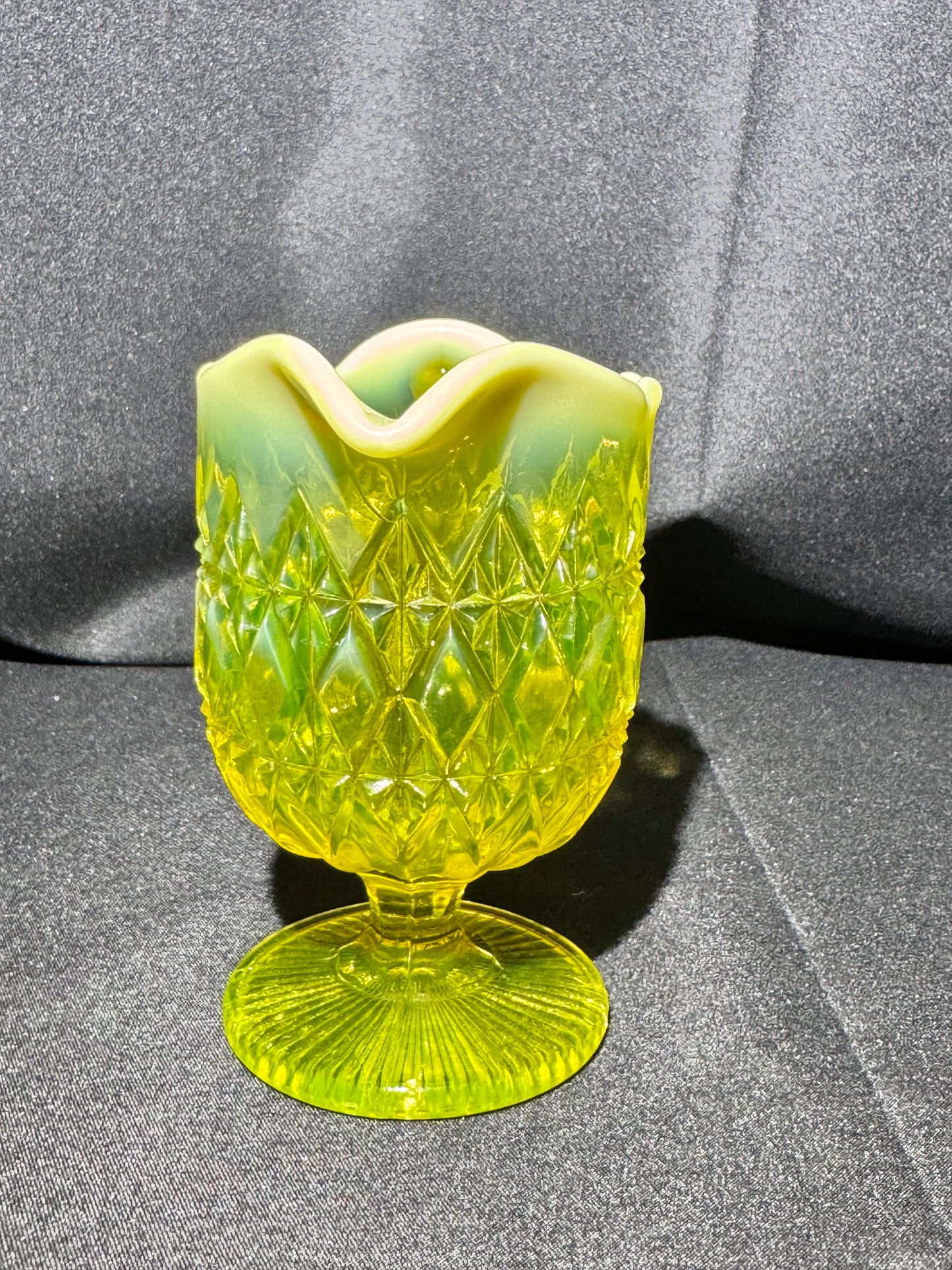 Uranium Glass - Davidson “Prince William” Primrose Pearline Pedestal Creamer RD217752 – 4”