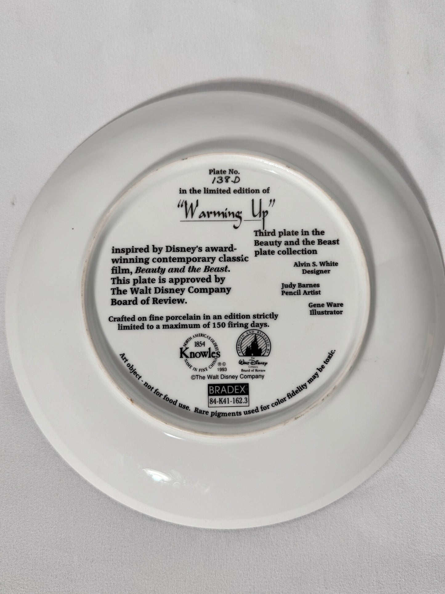 Beauty and the beast-collectors plate-Knowles-plate number 138D-warming up-Disney-certificate of authentication