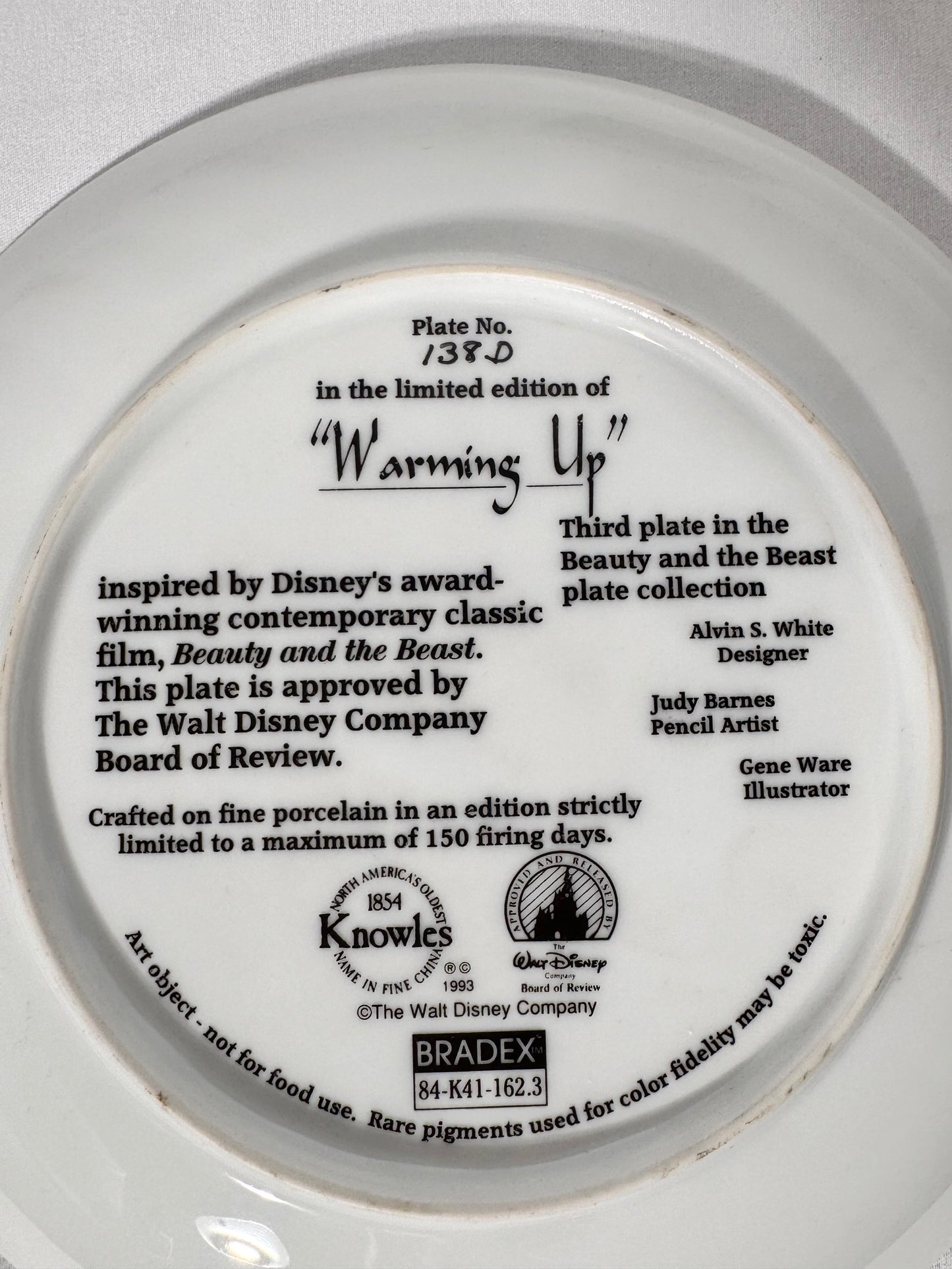 Beauty and the beast-collectors plate-Knowles-plate number 138D-warming up-Disney-certificate of authentication