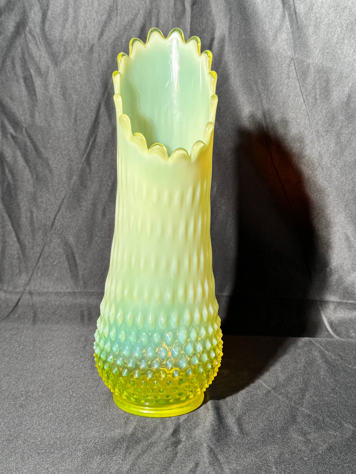 Uranium- Fenton - Hobnail- 13” Swung Vase - topaz opalescent