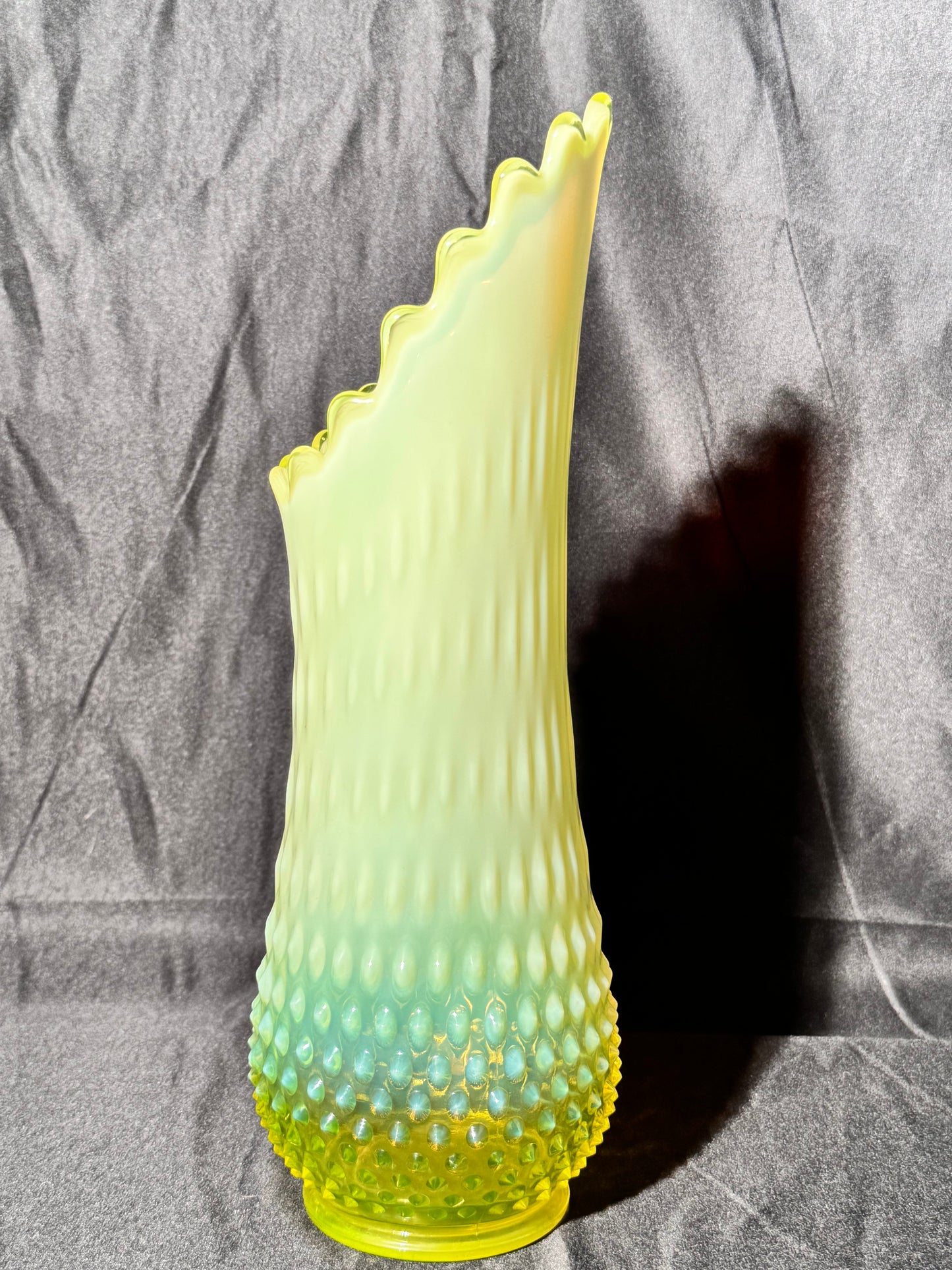 Uranium- Fenton - Hobnail- 13” Swung Vase - topaz opalescent