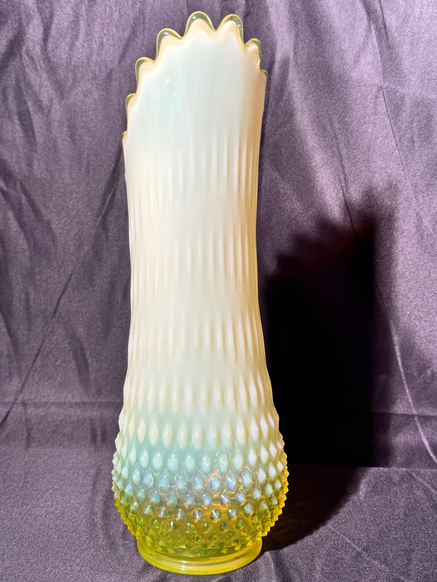Uranium- Fenton - Hobnail- 13” Swung Vase - topaz opalescent