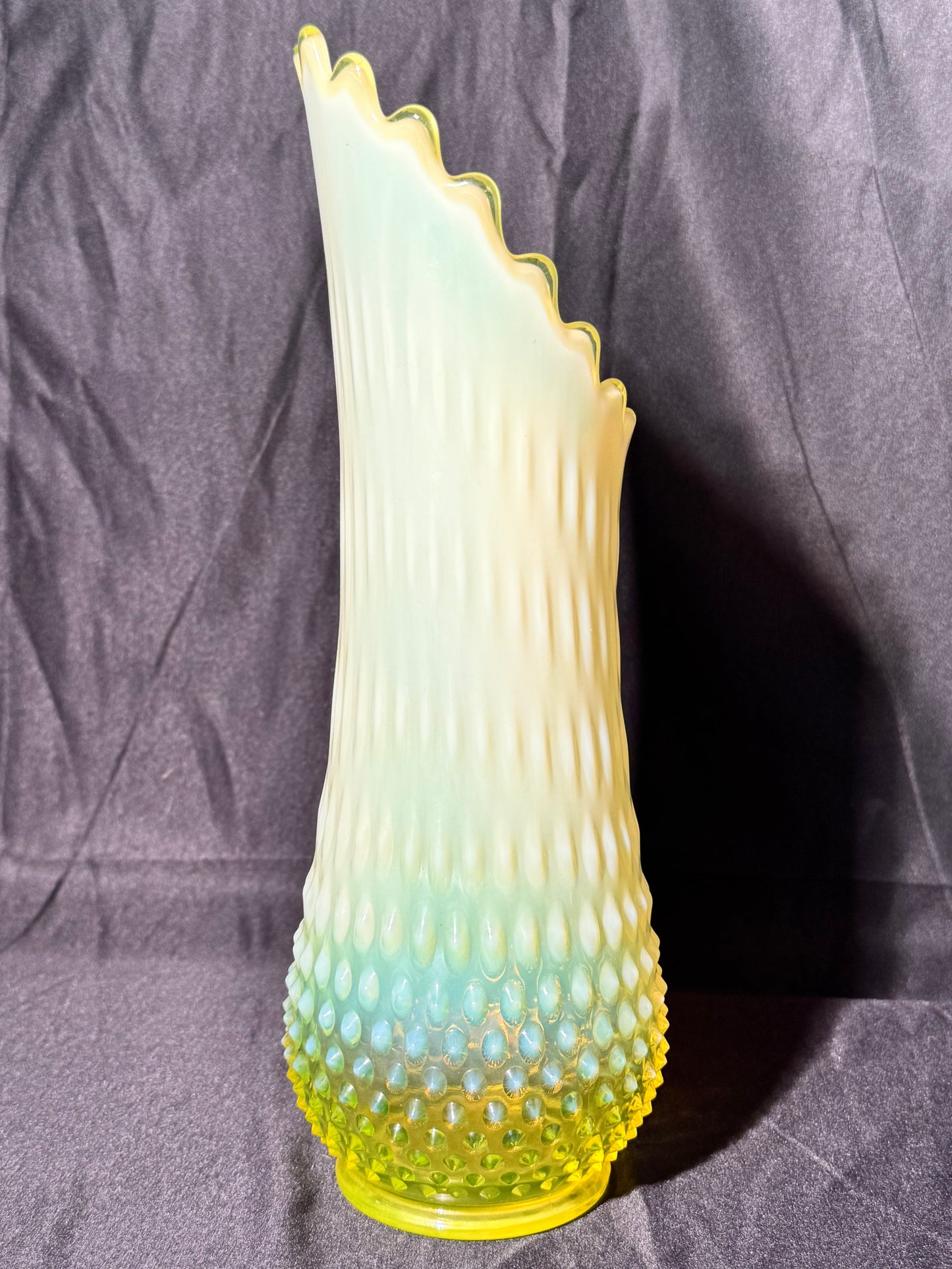 Uranium- Fenton - Hobnail- 13” Swung Vase - topaz opalescent