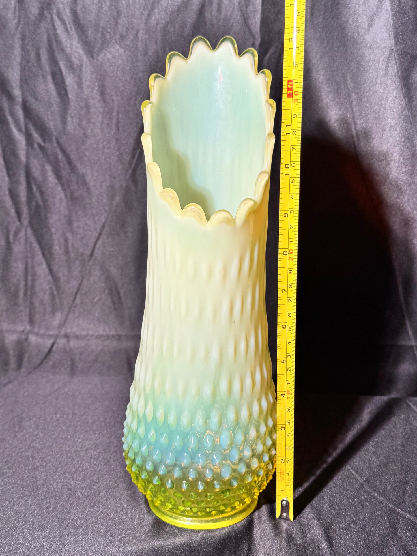 Uranium- Fenton - Hobnail- 13” Swung Vase - topaz opalescent