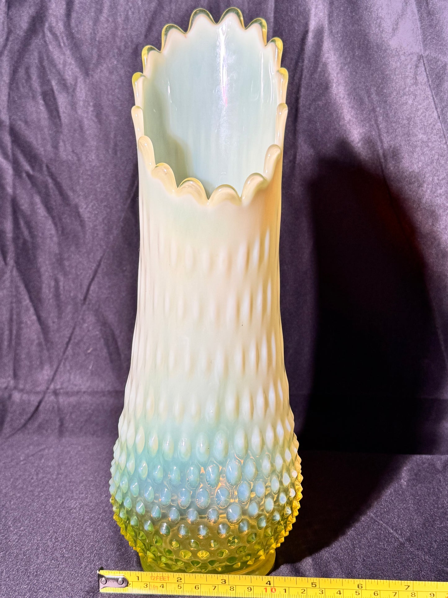 Uranium- Fenton - Hobnail- 13” Swung Vase - topaz opalescent