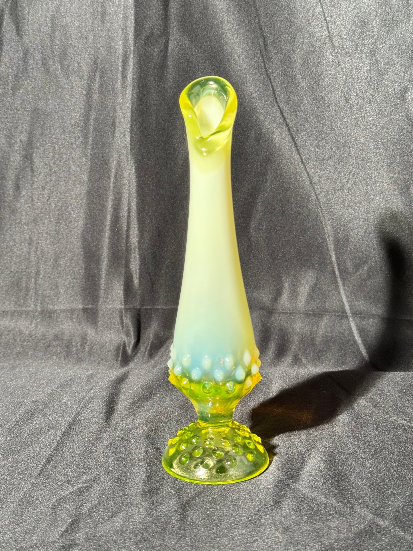 Uranium- Fenton - 9” vase - hobnail- topaz opalescent- footed