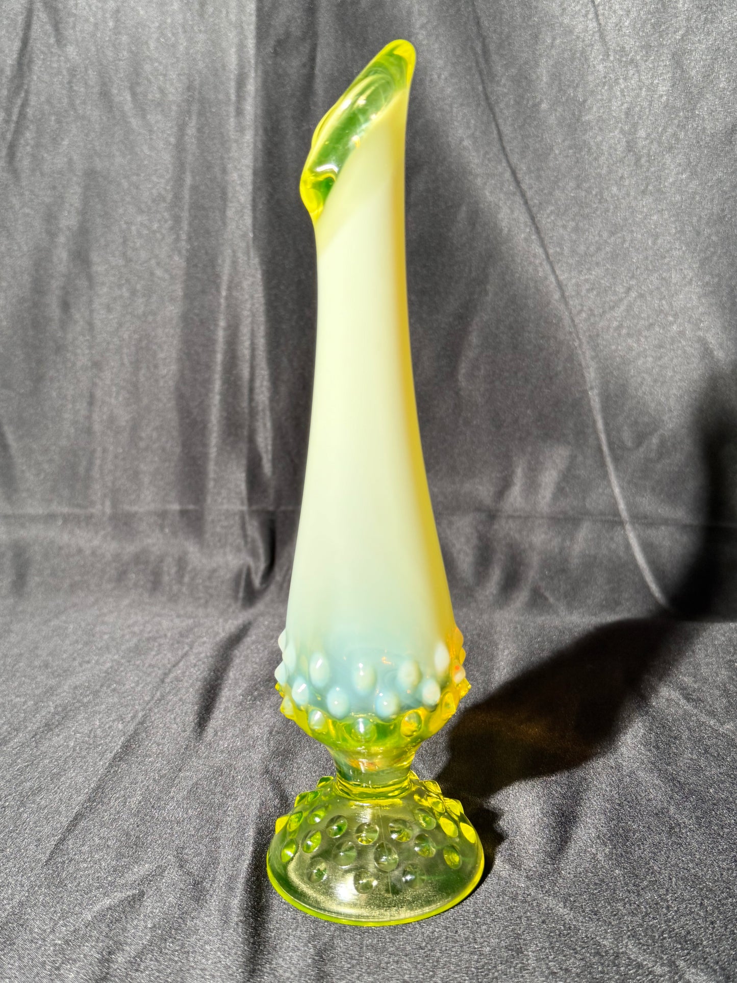 Uranium- Fenton - 9” vase - hobnail- topaz opalescent- footed