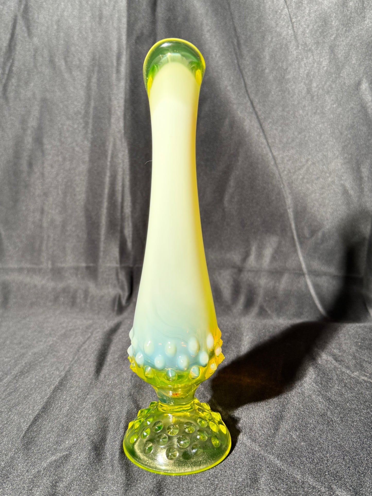 Uranium- Fenton - 9” vase - hobnail- topaz opalescent- footed