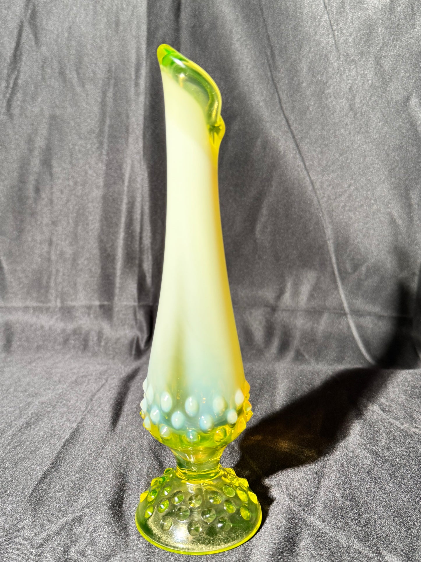 Uranium- Fenton - 9” vase - hobnail- topaz opalescent- footed