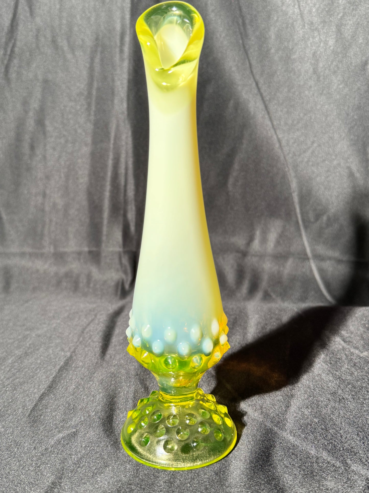 Uranium- Fenton - 9” vase - hobnail- topaz opalescent- footed