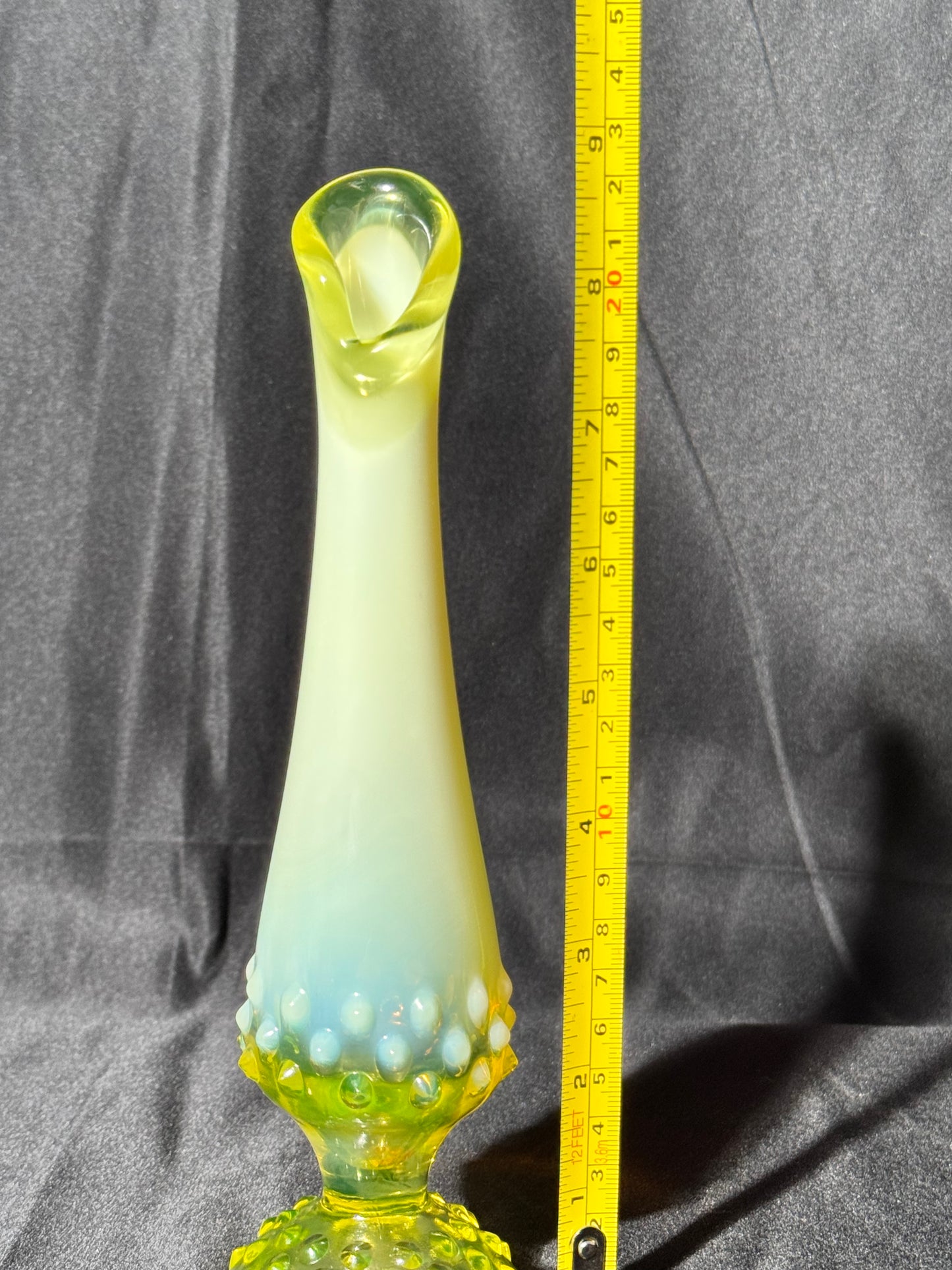 Uranium- Fenton - 9” vase - hobnail- topaz opalescent- footed