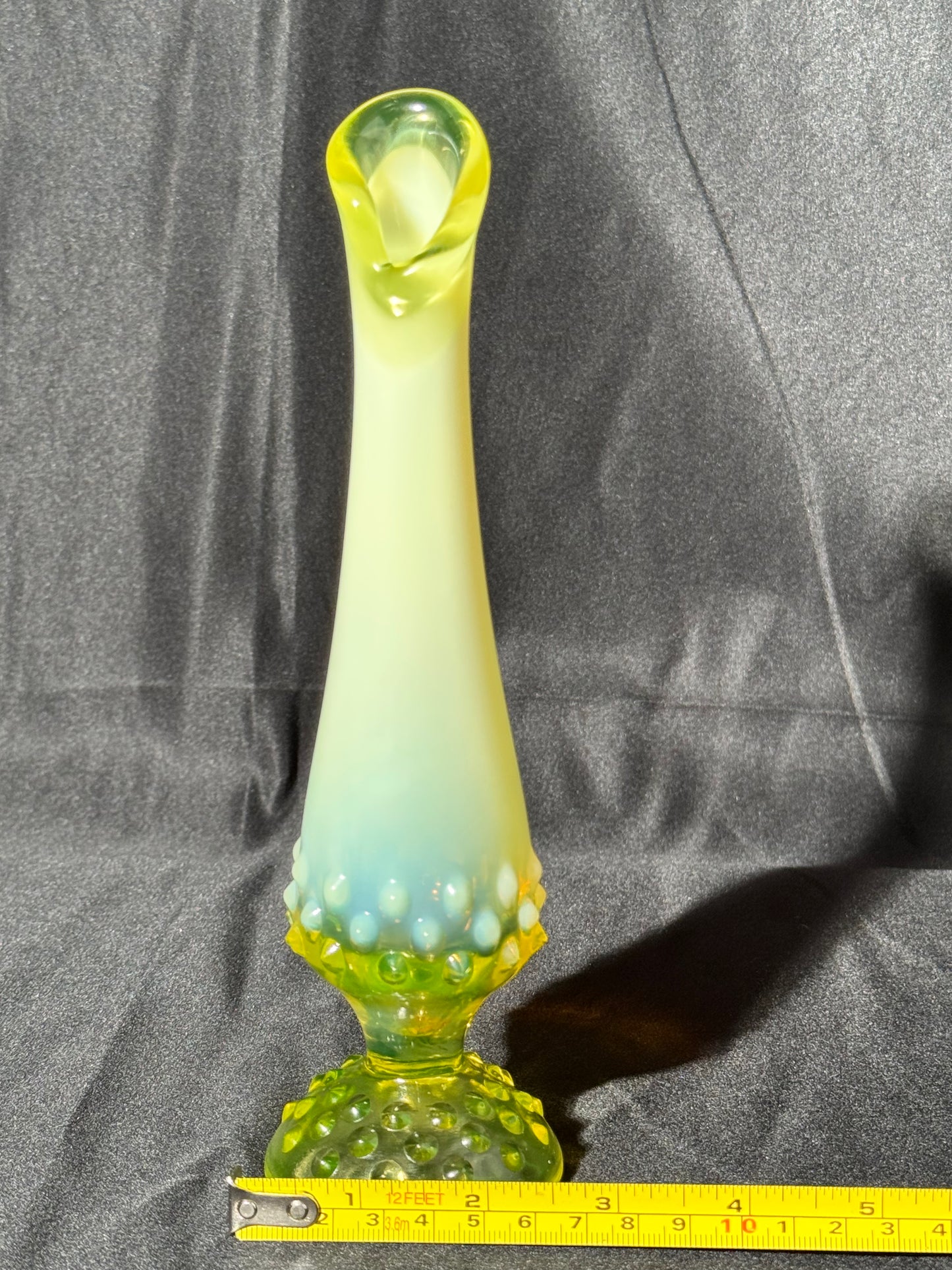 Uranium- Fenton - 9” vase - hobnail- topaz opalescent- footed