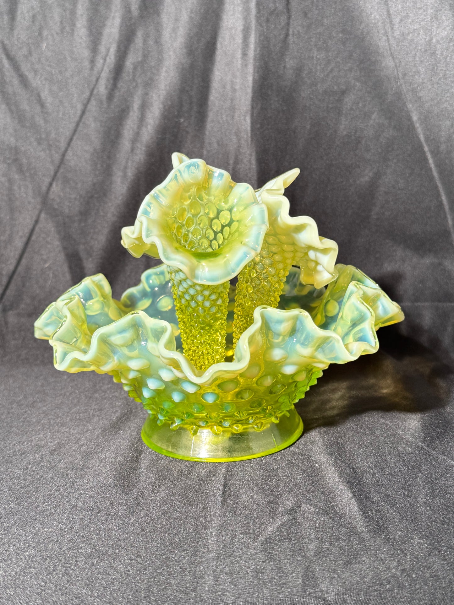Uranium- hobnail- 6” Epergne - 3 horns