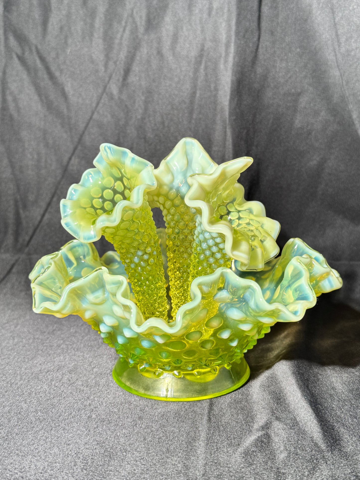 Uranium- hobnail- 6” Epergne - 3 horns