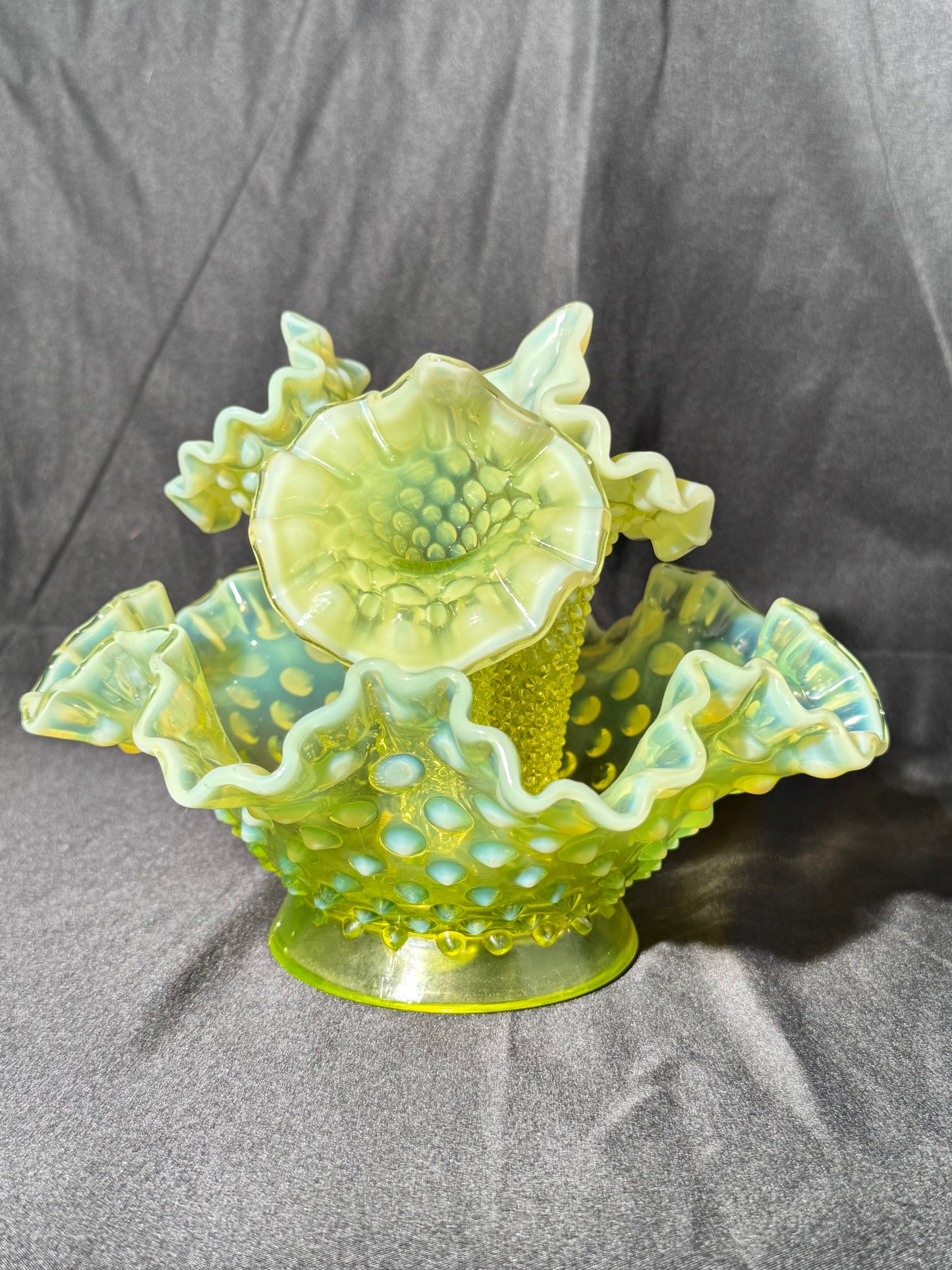 Uranium- hobnail- 6” Epergne - 3 horns